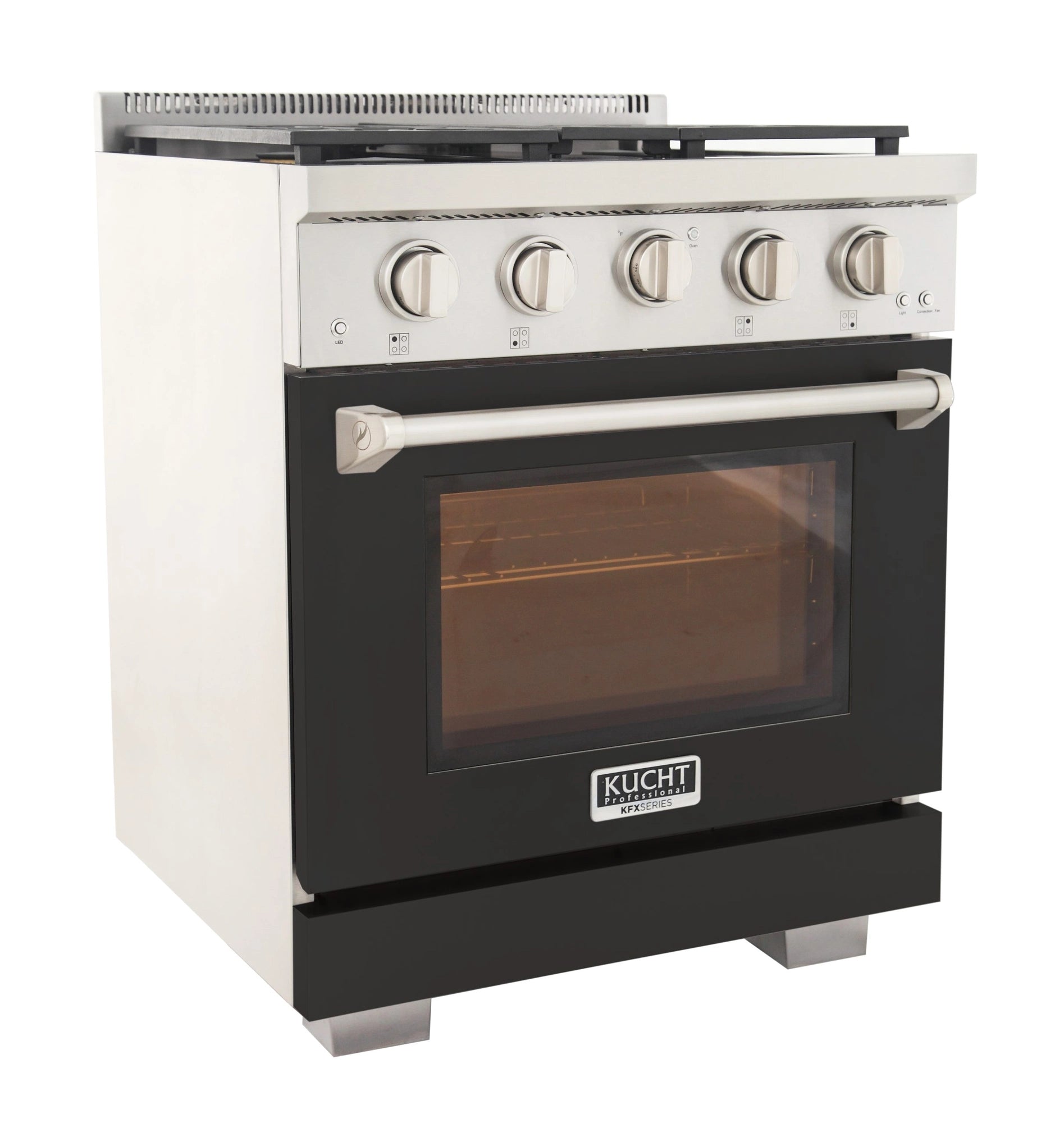 Black gas range with four burners, front knobs, and closed oven door with Kucht label.