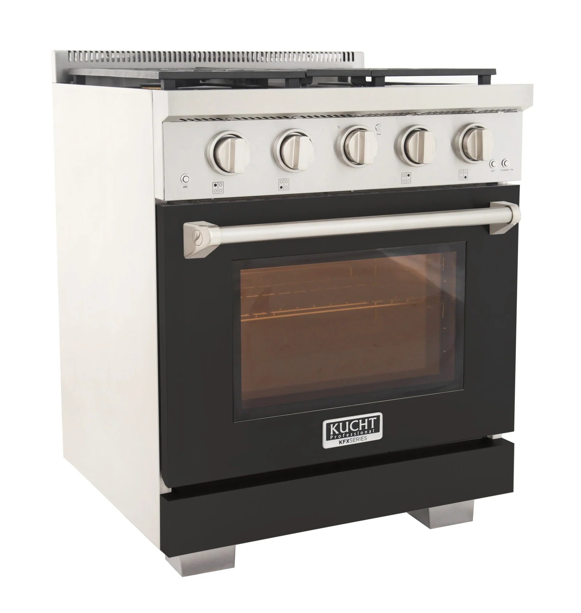 Kucht 30-inch propane gas range in black, side view with oven window and control knobs