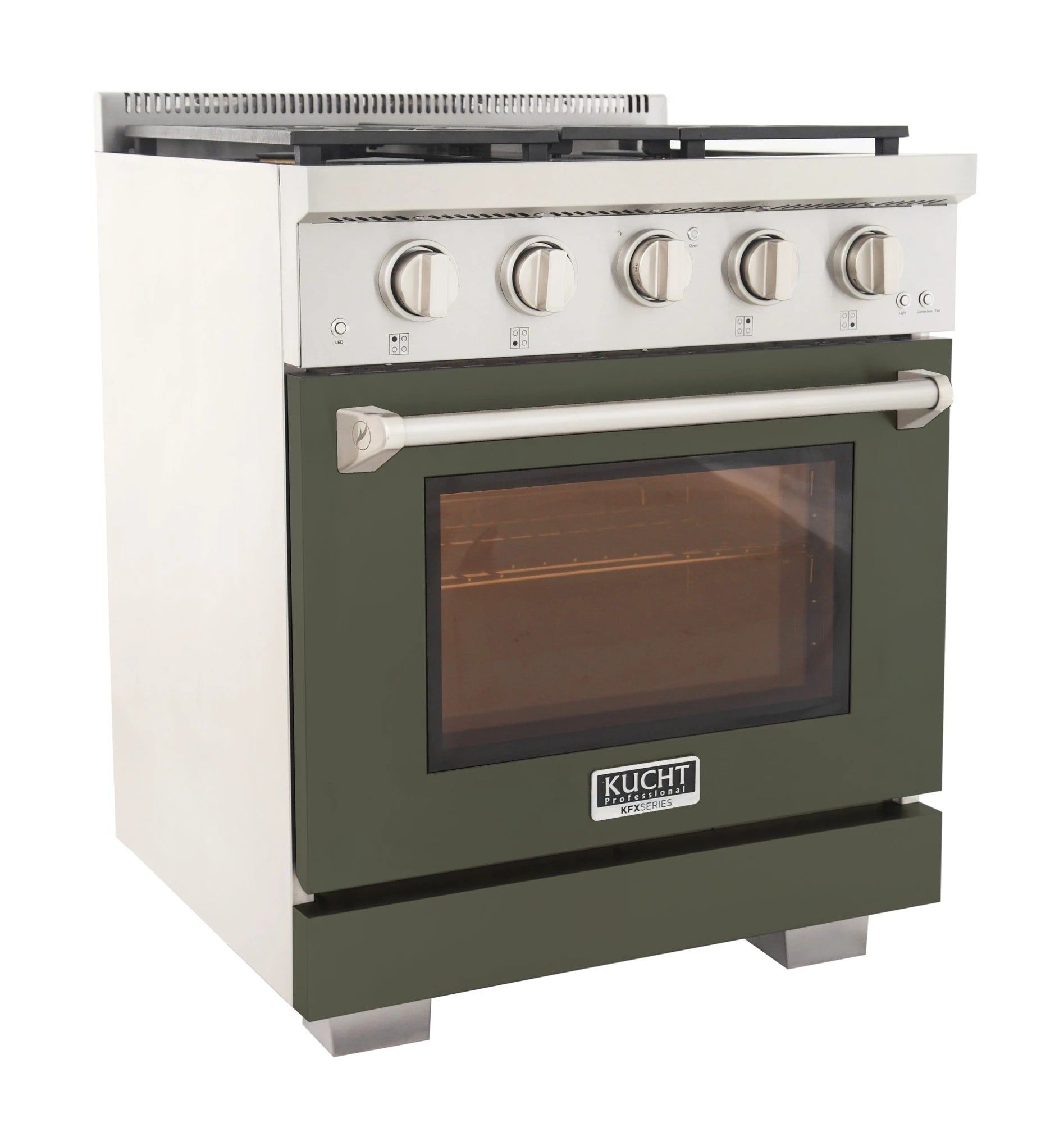 Olive green gas range side view with oven door handle and control knobs