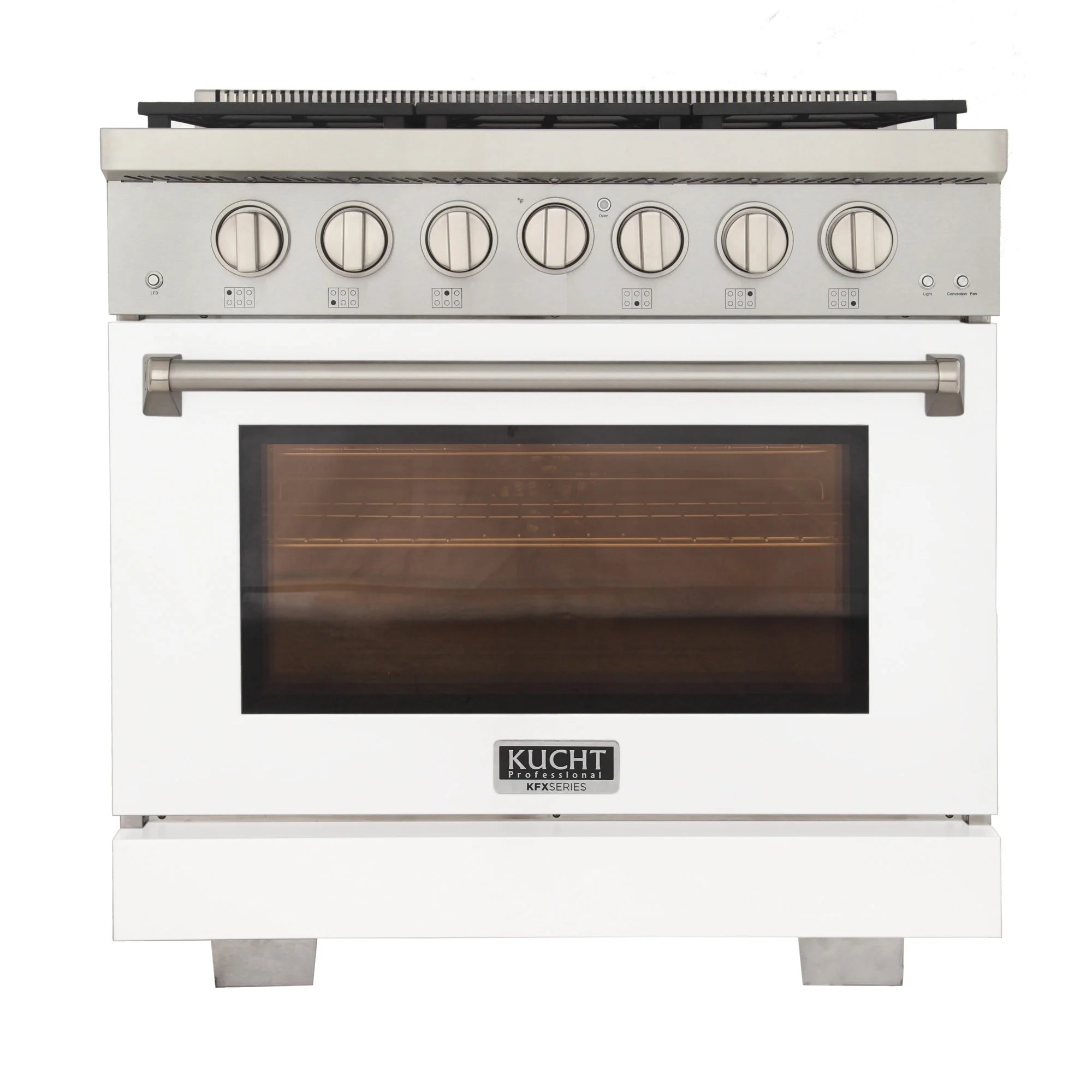 White 36-inch gas range with six burners, long handle, and oven window, Kucht