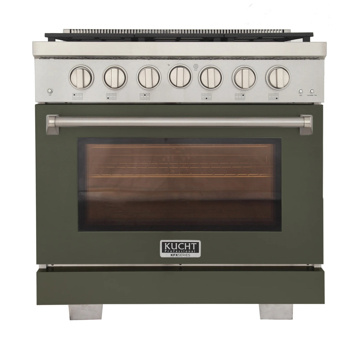 Olive green gas range front with silver knobs, oven window, and long silver handle bar