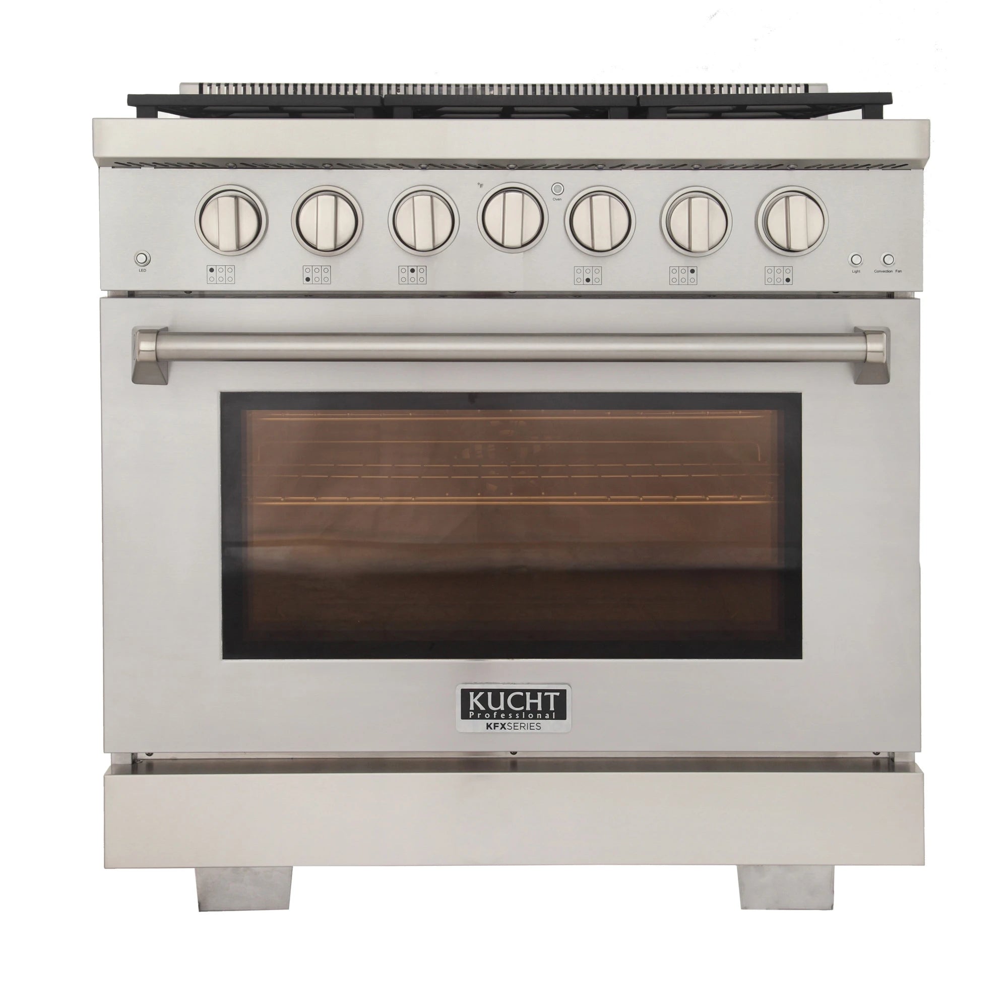 Stainless steel gas range with knob panel and closed oven door