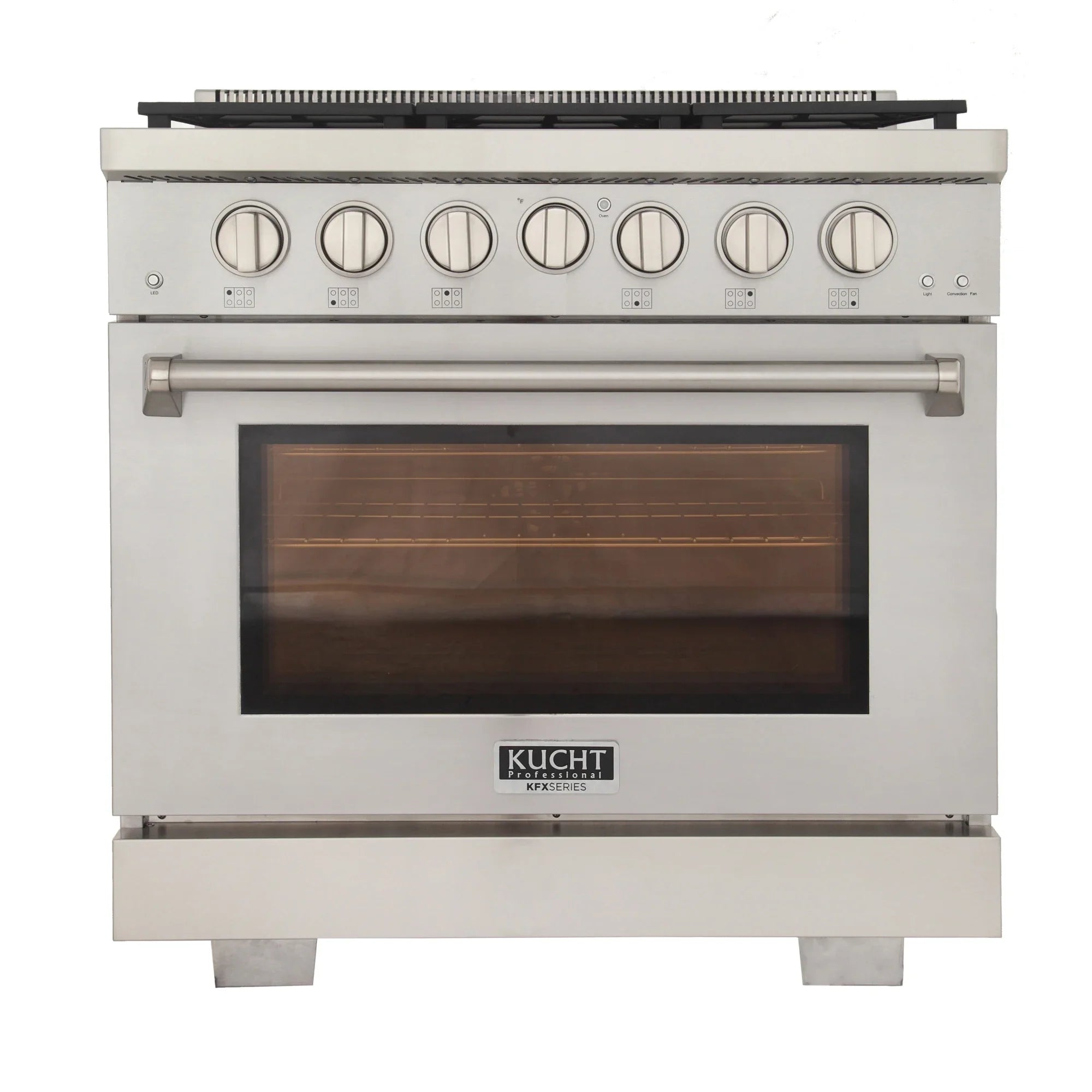 Stainless steel propane gas range with front control panel and oven door