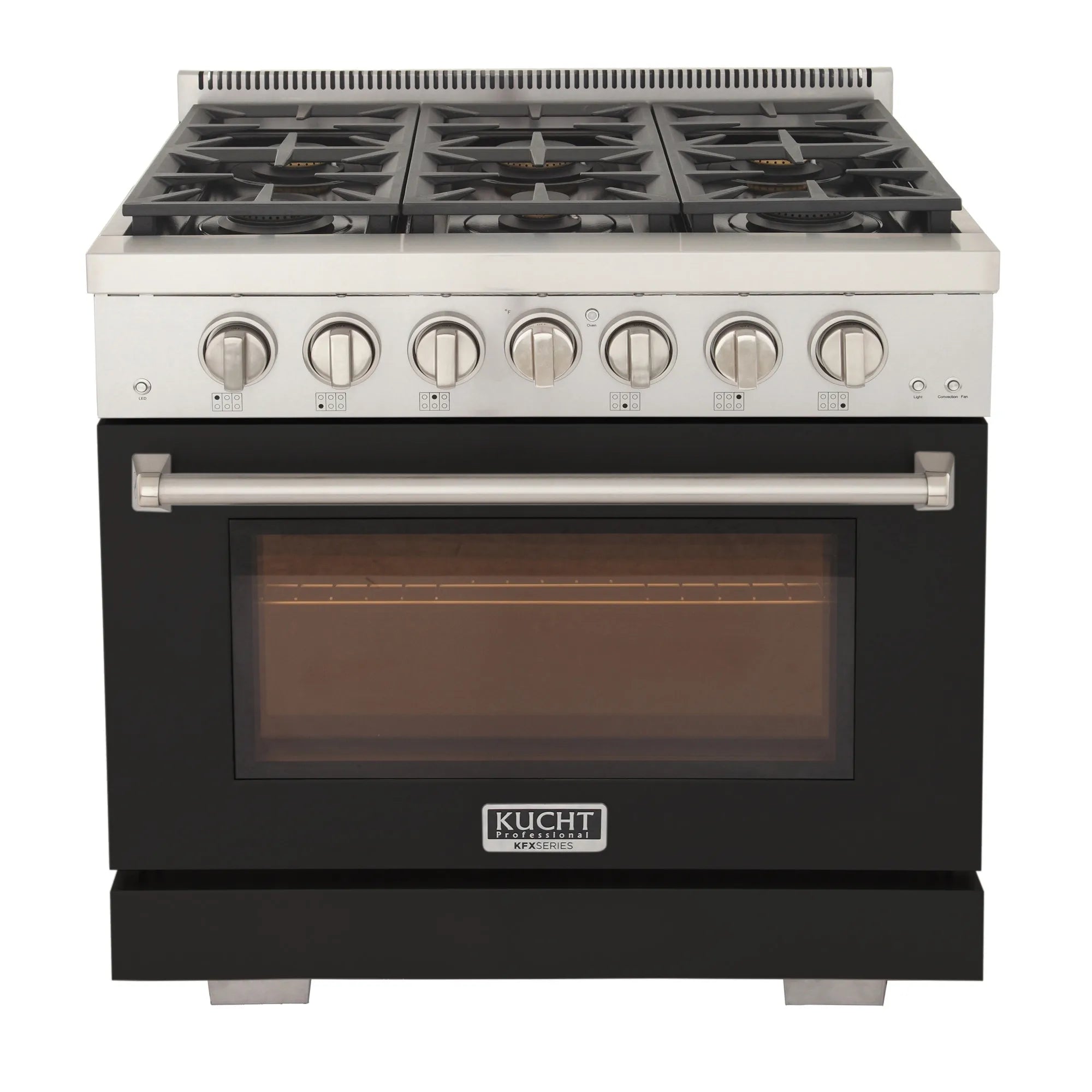 Black gas range with front burner grates and oven window