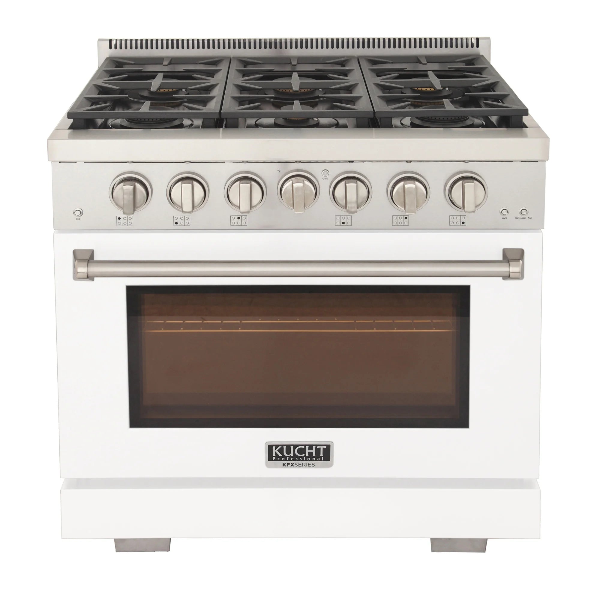 White 36-inch gas range with five burners and front oven window, Kucht