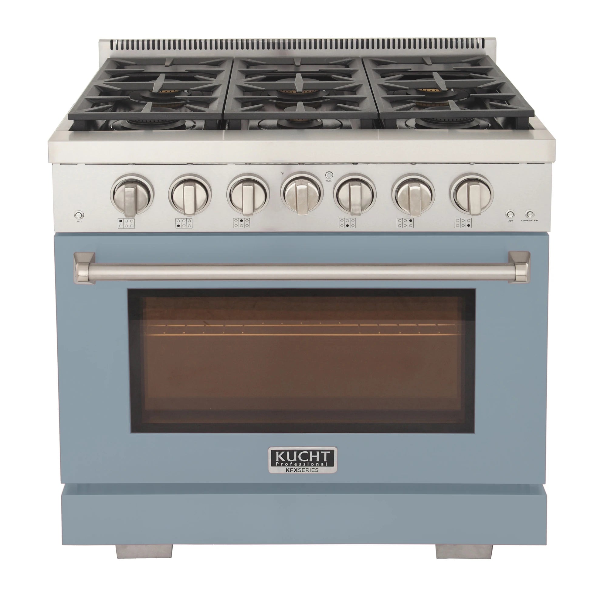 Light blue gas range with five burners, control knobs, and oven door window