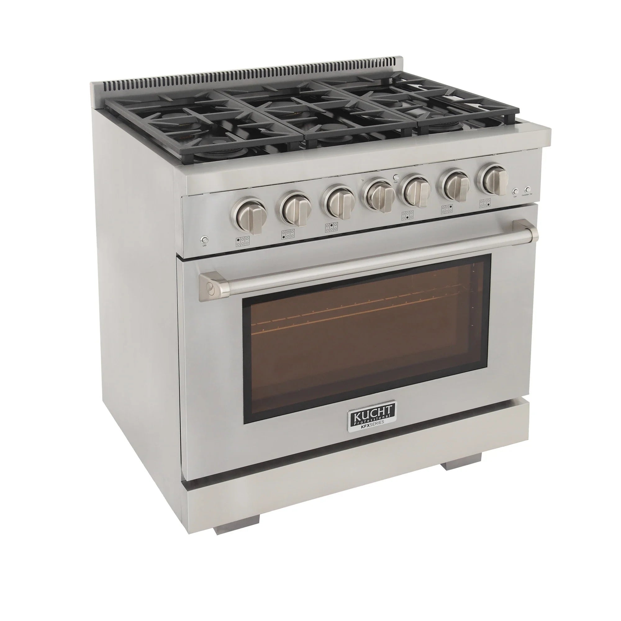 Stainless steel propane gas range with cast grates, control knobs, and oven window