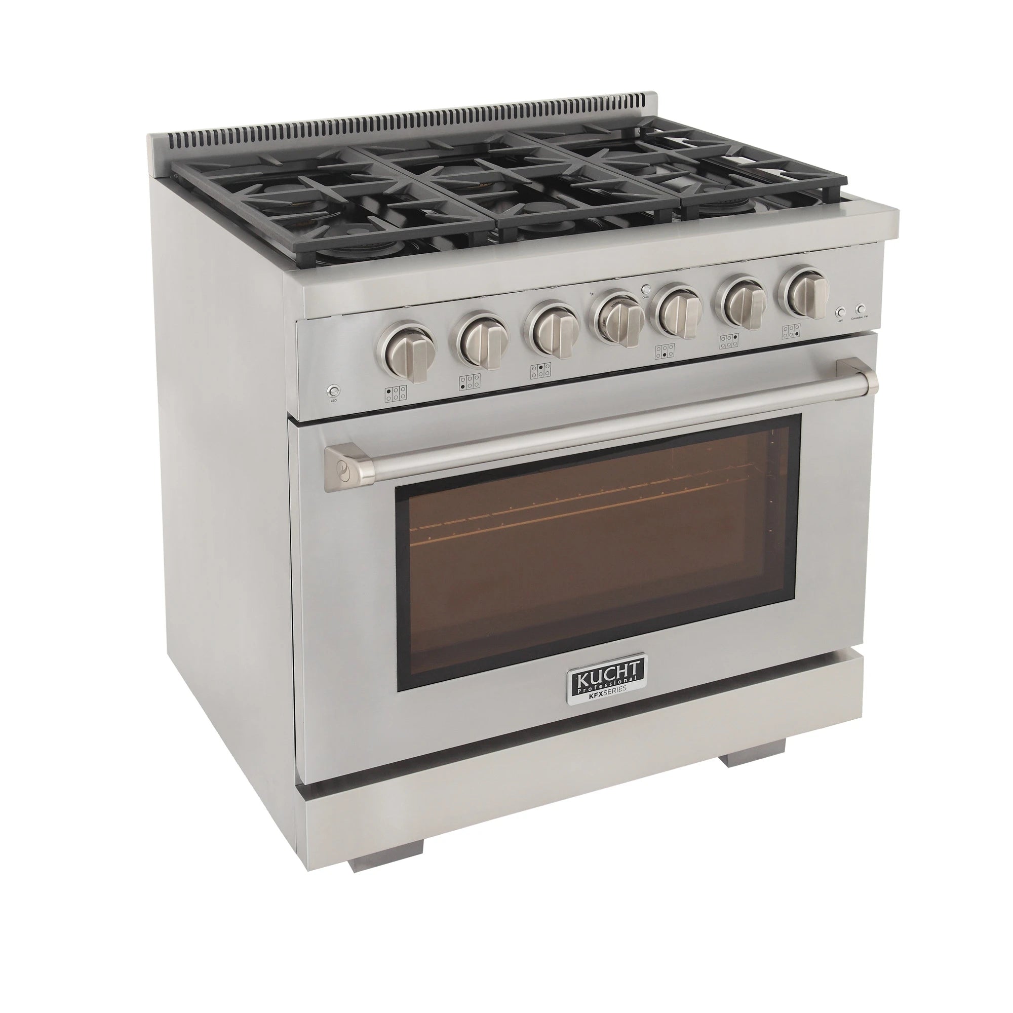 Stainless steel gas range with black grates, control knobs, and oven window