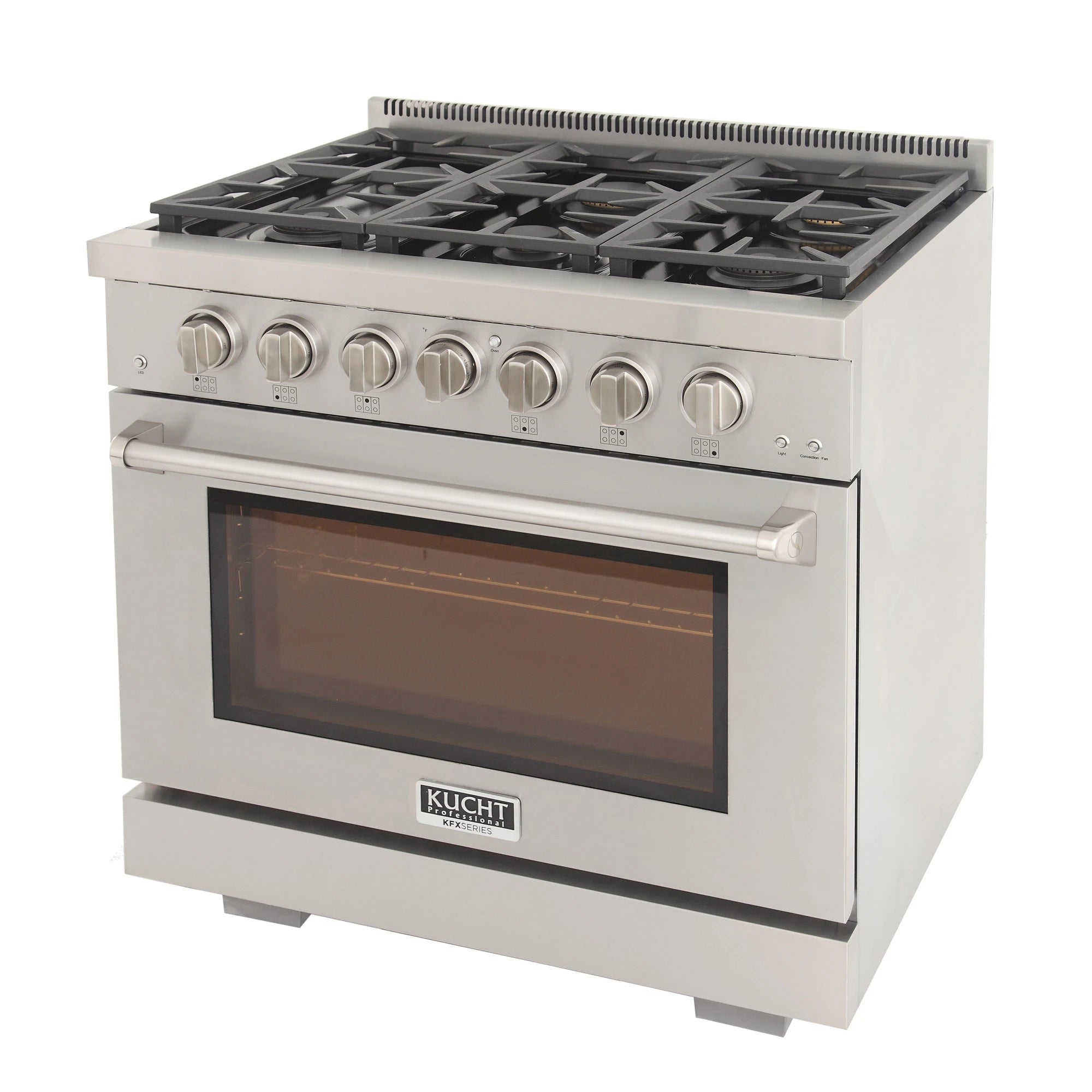 Stainless steel gas range with black burner grates, knob panel, and oven door