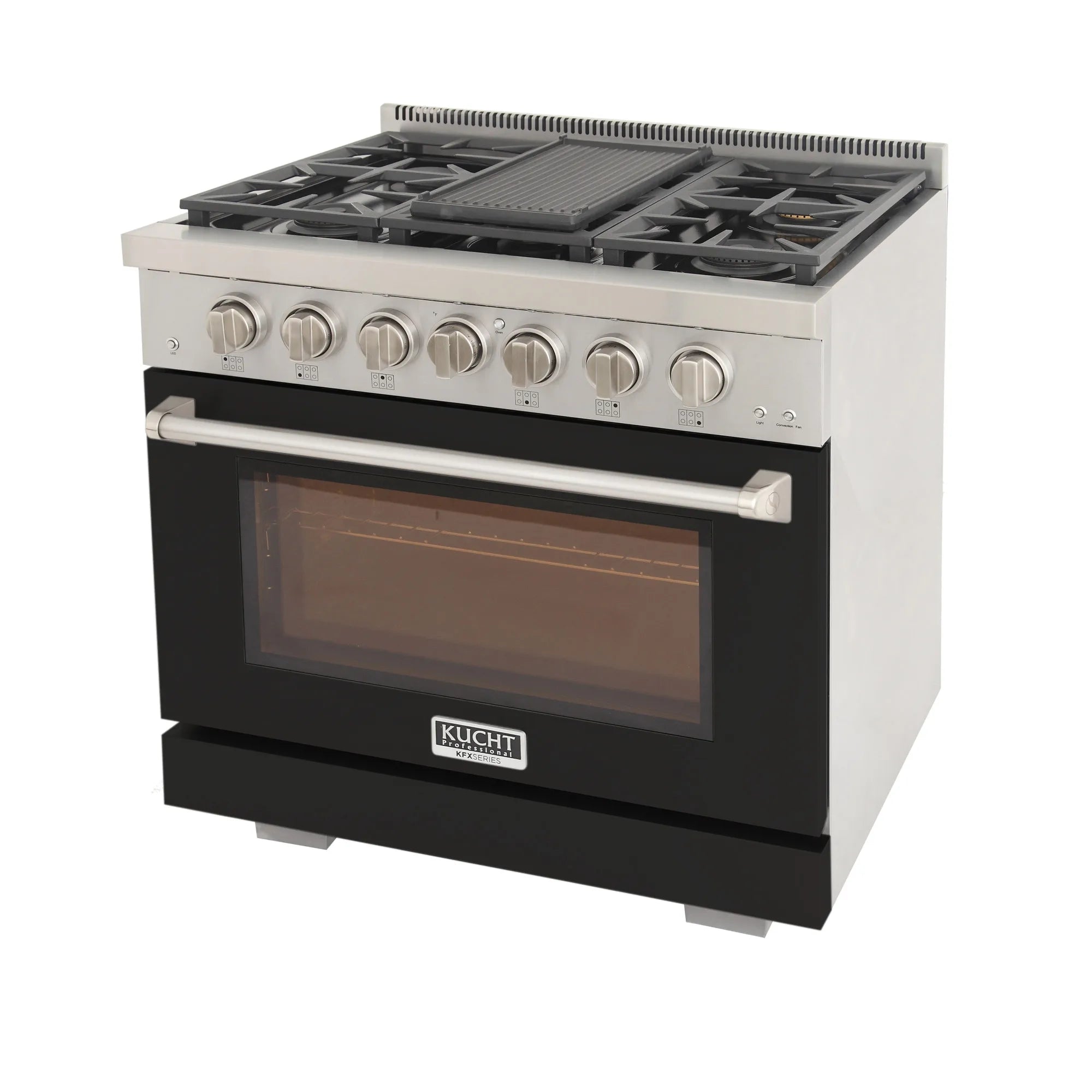 Stainless steel gas range with black oven window and control knobs