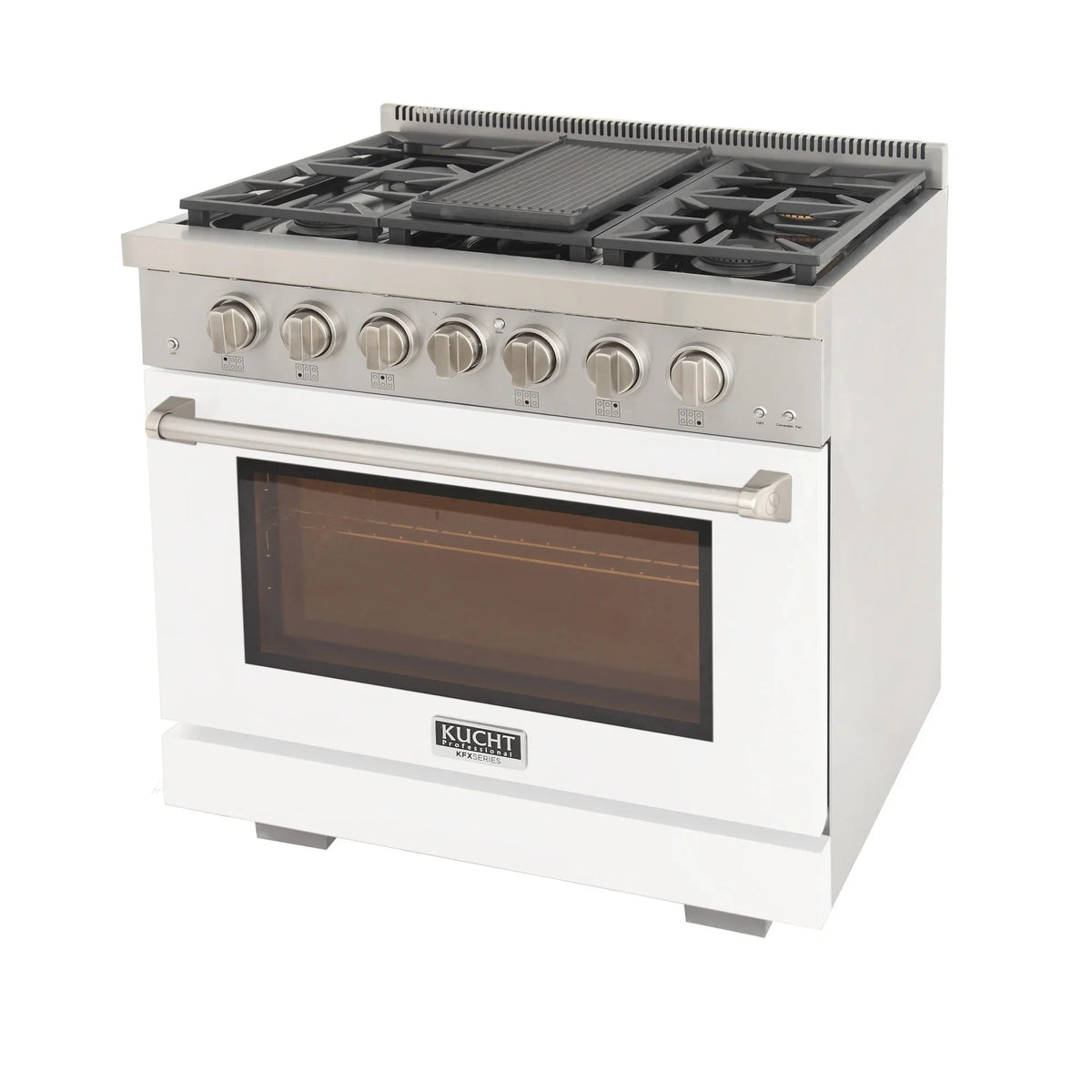 White professional propane gas range front corner view with griddle and oven window