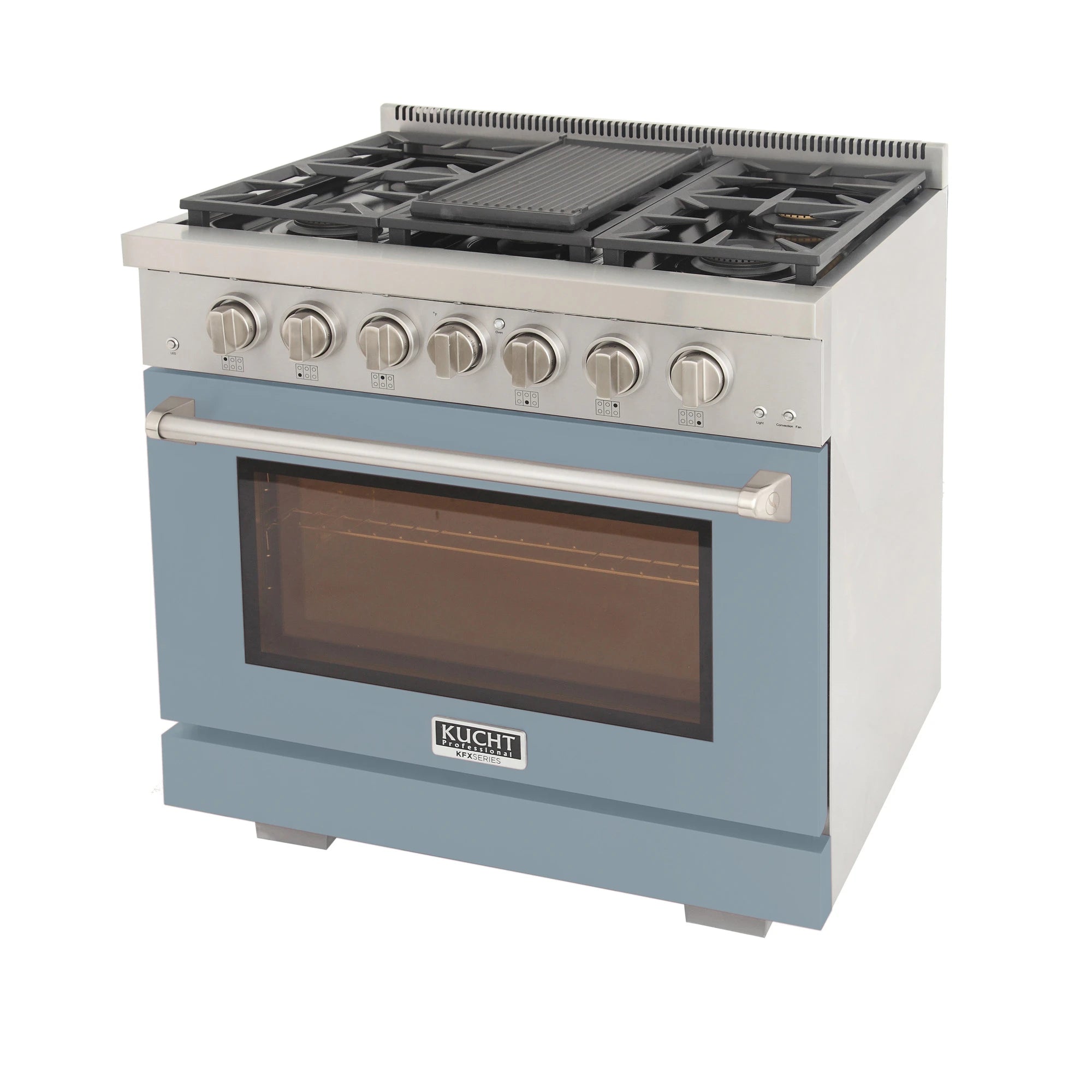 Light blue gas range with five burner grates, control knobs, and oven door window