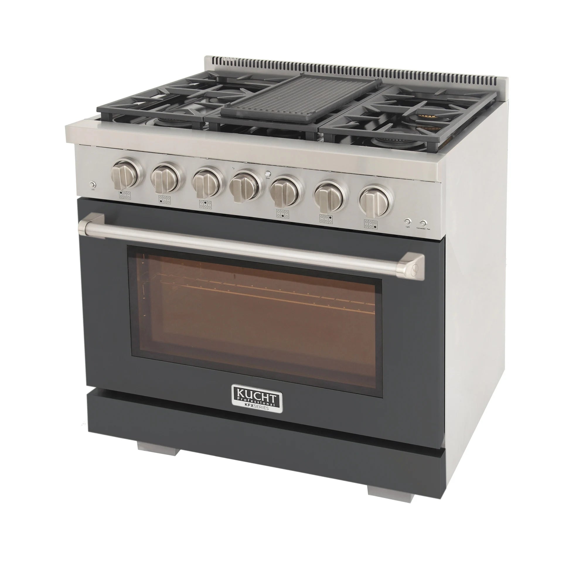 Gray gas range with stainless backguard, burner grates, and oven window