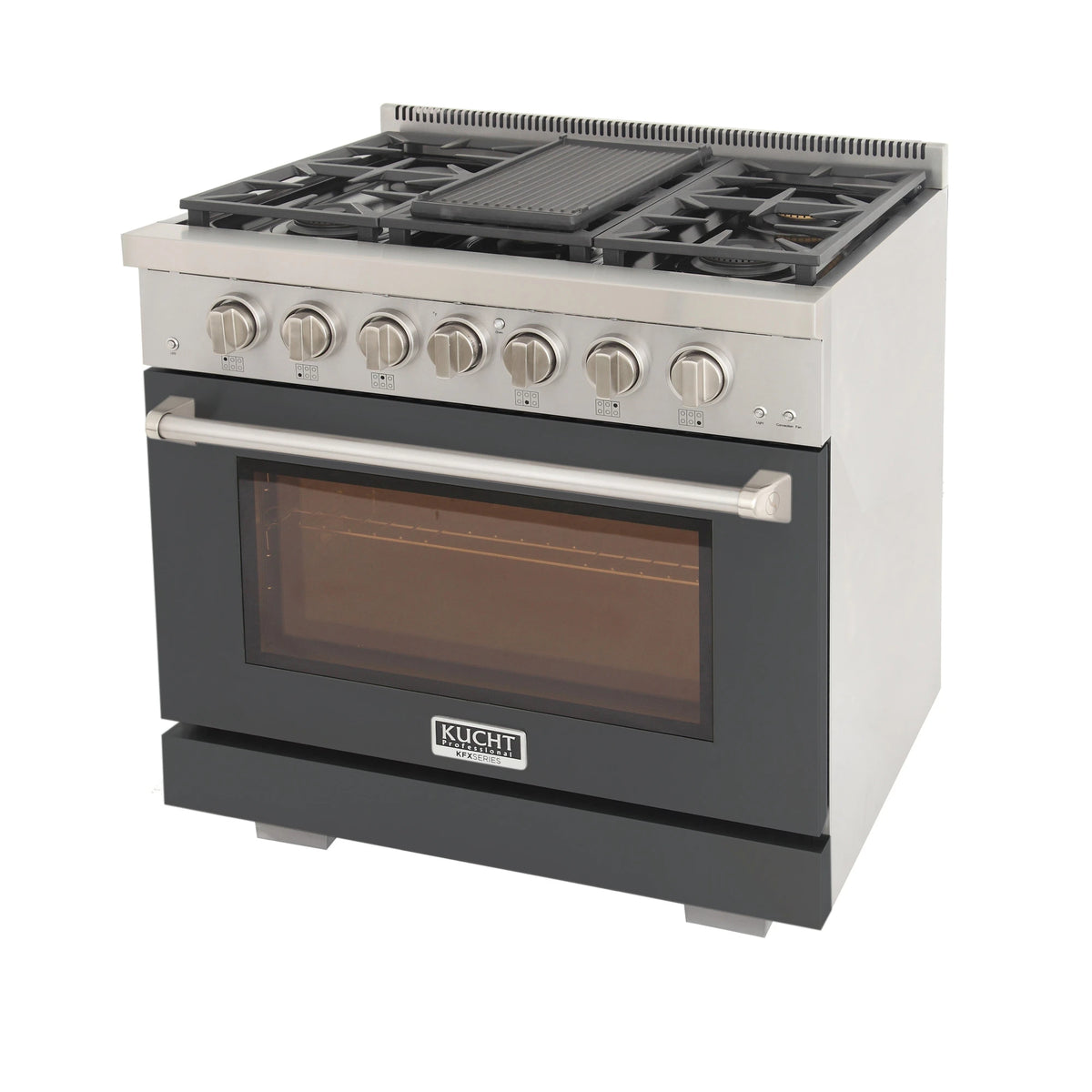 Cement gray Kucht gas range showing top burners with grates and oven door window