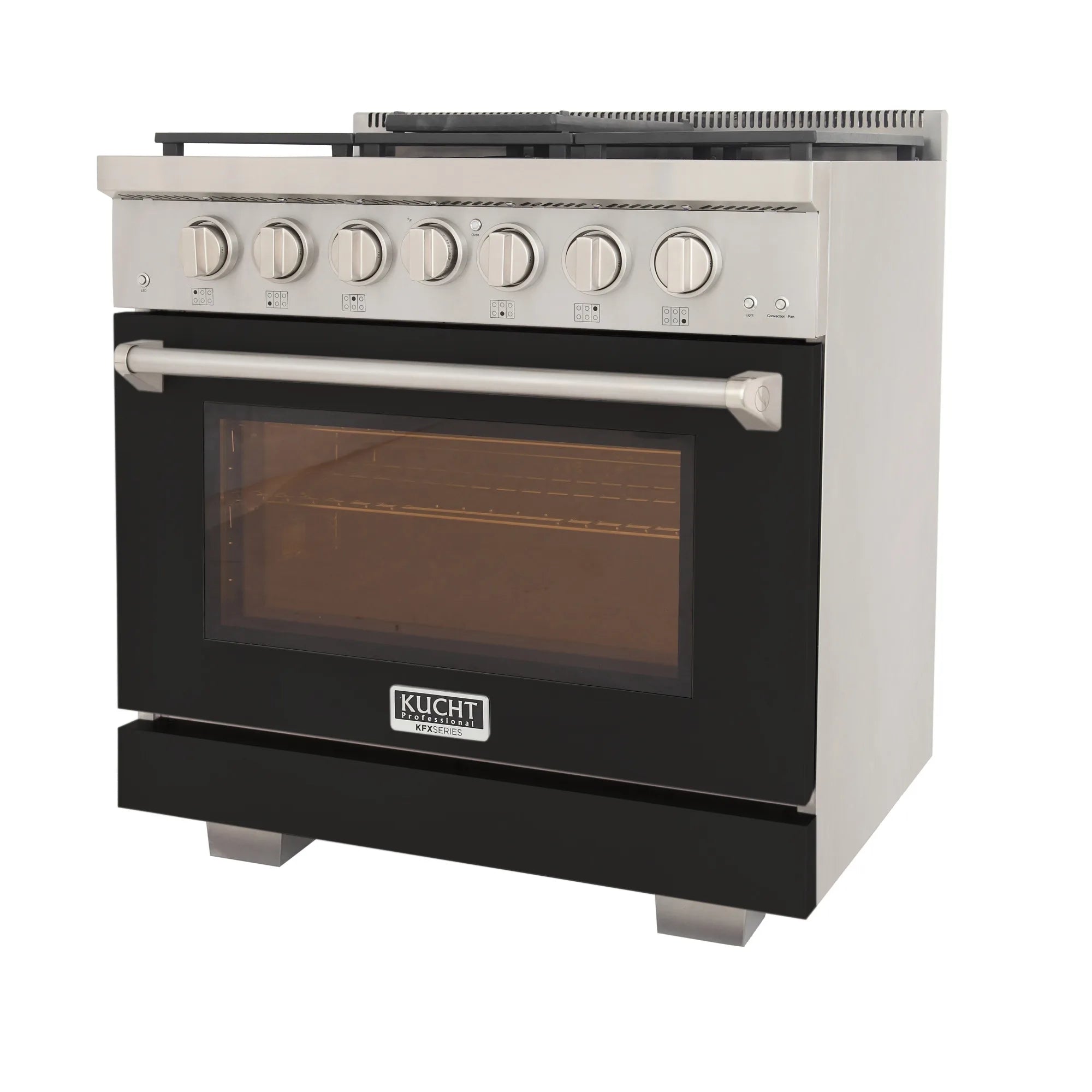 Stainless steel gas range front with black oven door and burner knobs