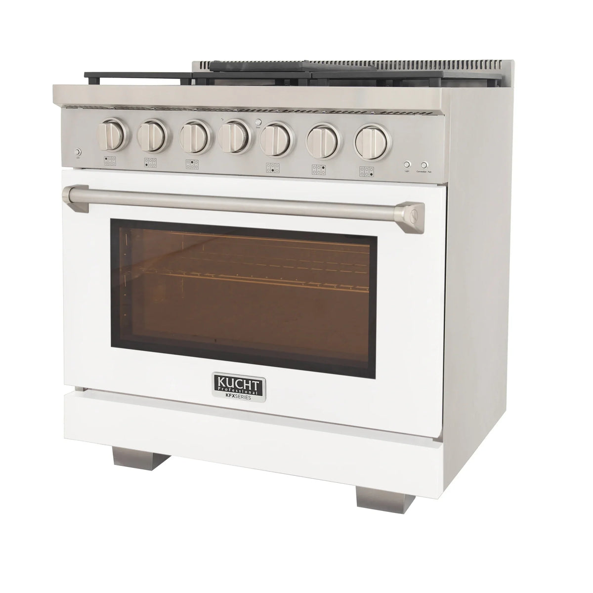 White professional propane gas range side view with oven door window and control knobs
