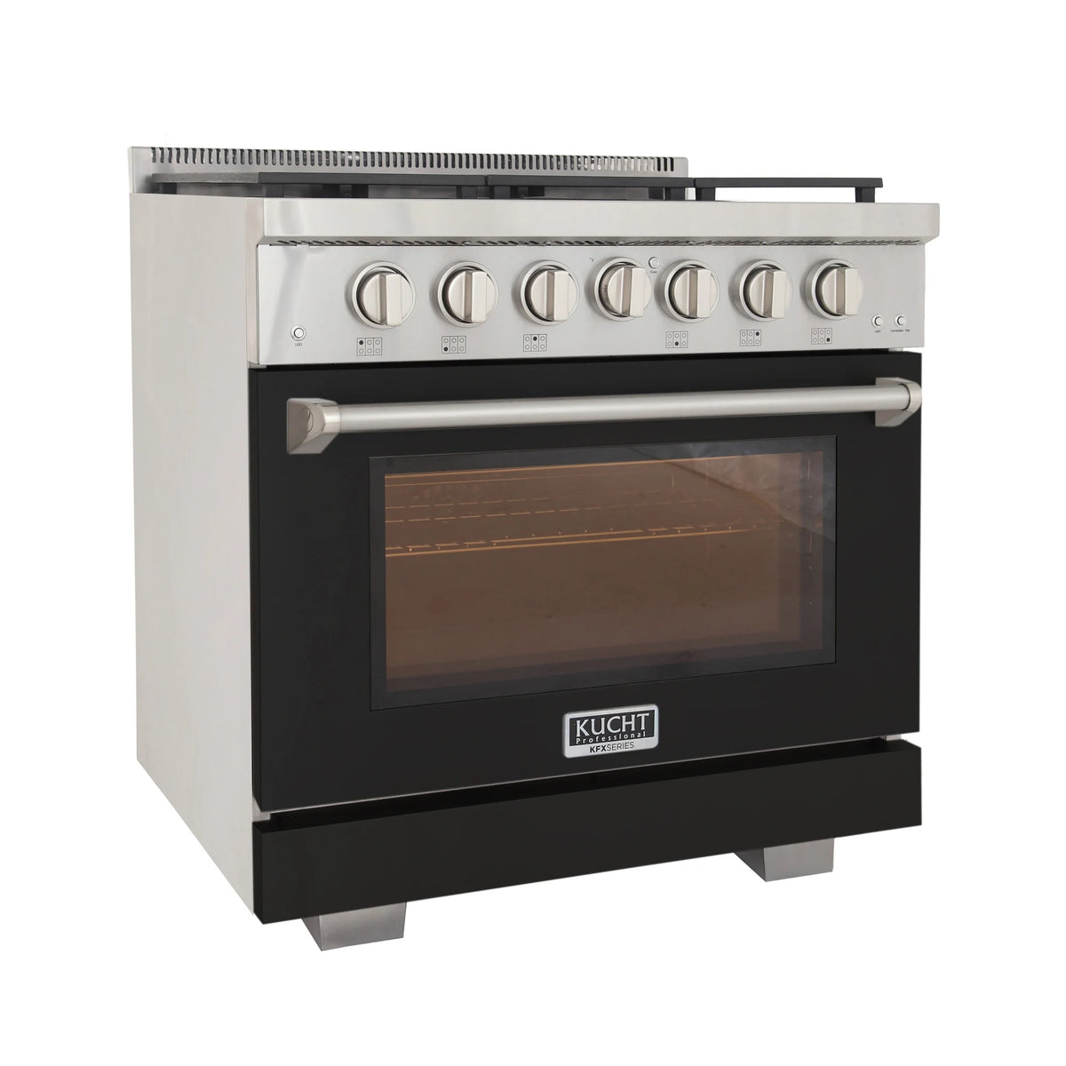 Black gas range oven front with silver control knobs and horizontal handle