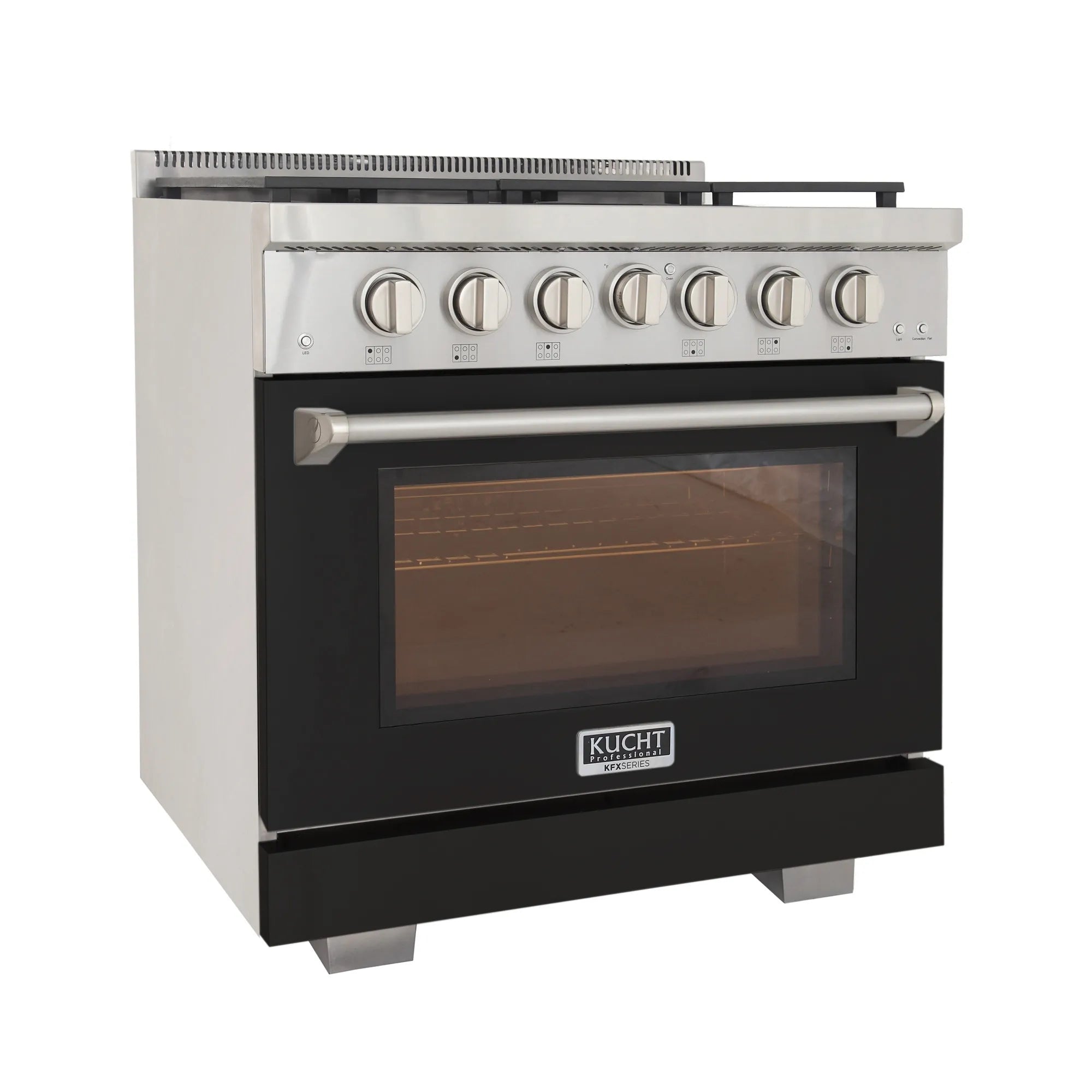 Stainless steel gas oven range with black door window and front knobs