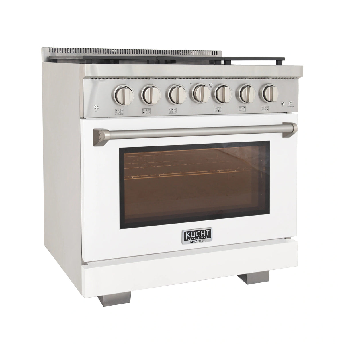 White gas range with silver handle, control knobs, and dark oven window