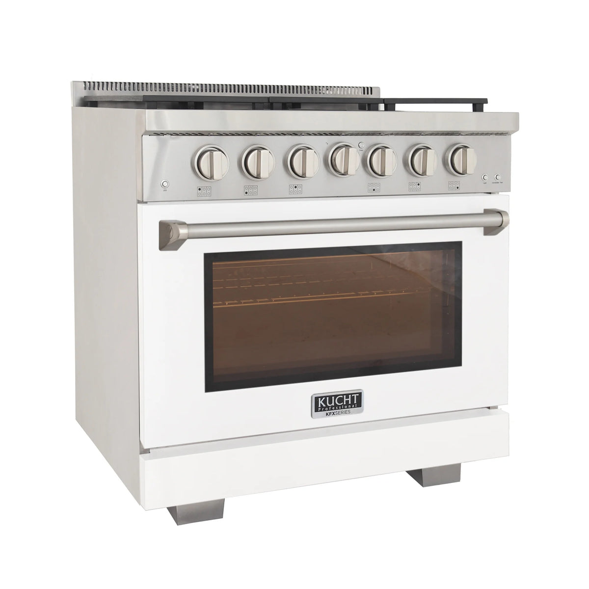 White 36-inch gas range front with backguard vent and oven door window