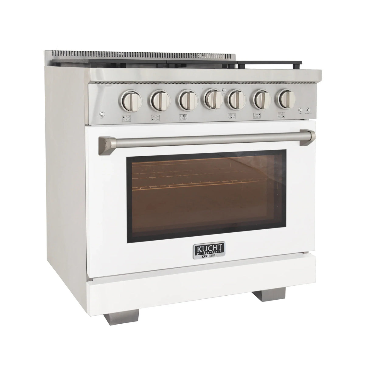 White professional propane gas range front view with oven window and metal control knobs
