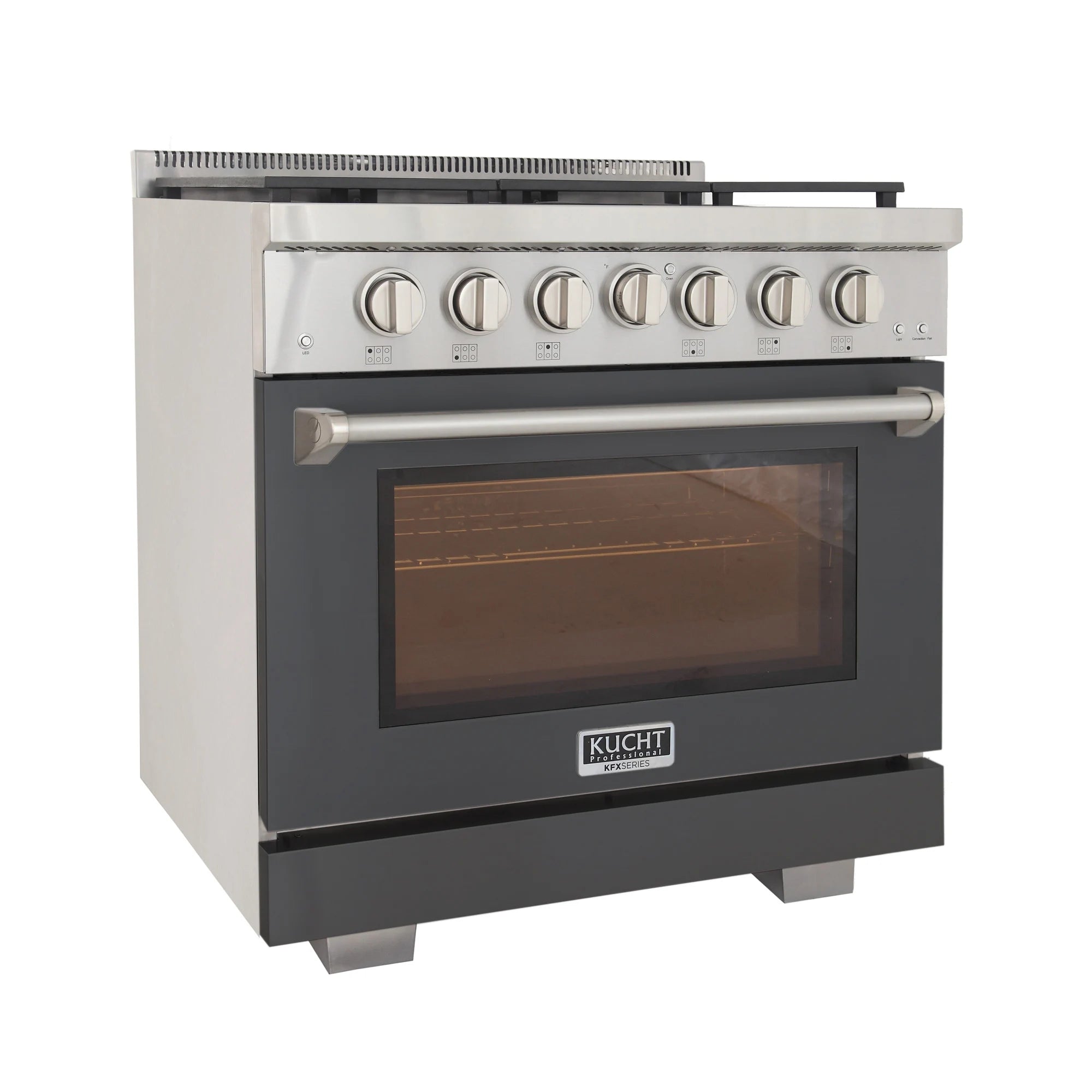 Gray gas range with silver control knobs and windowed oven door