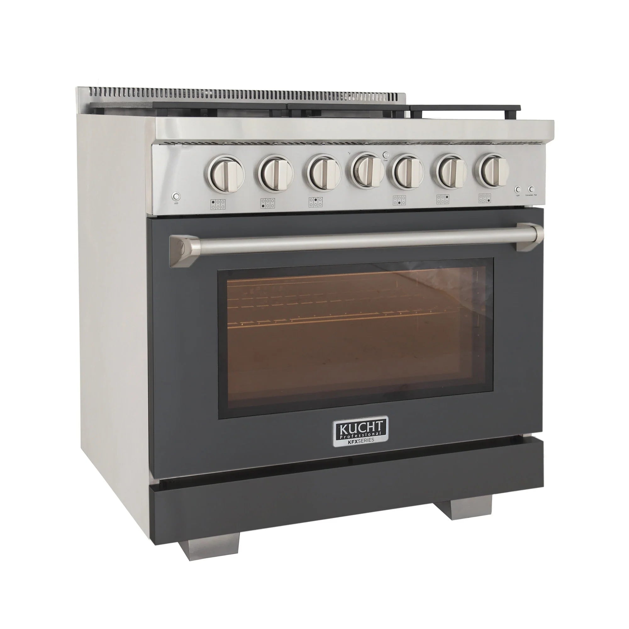 Kucht propane gas range front view with oven door window and stainless control panel