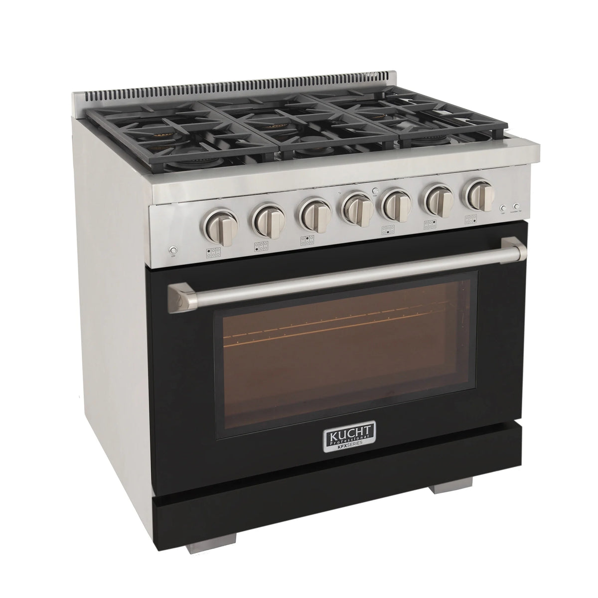 Black gas range stovetop with multiple burners and silver control panel
