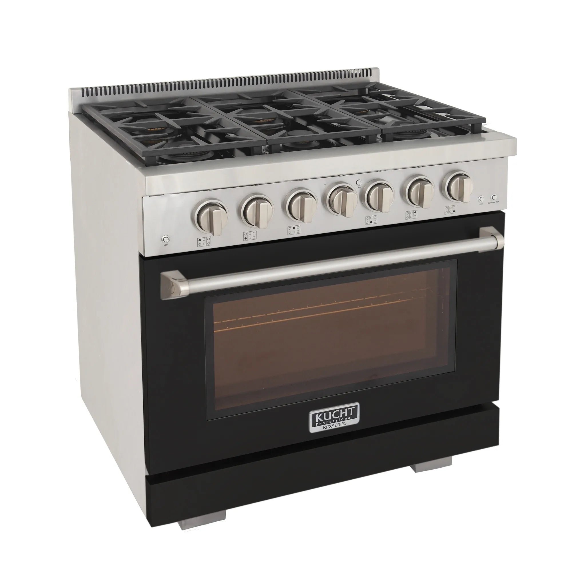 Stainless steel 5-burner gas range with grates and black oven door