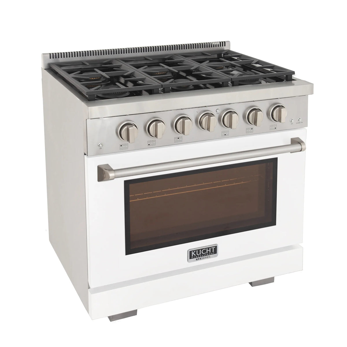 White gas range with black burner grates and silver control knobs