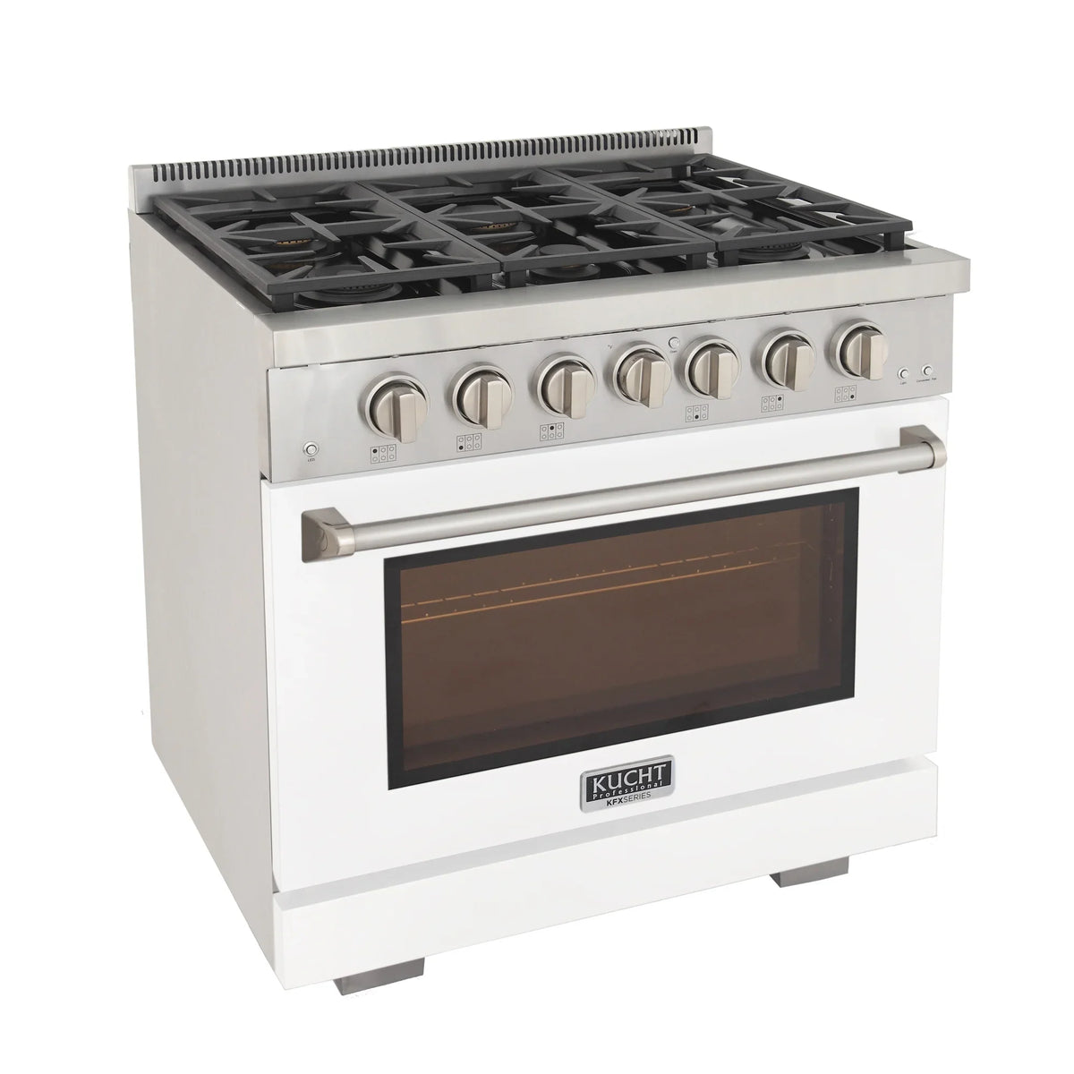 White professional propane gas range with five burners and oven window in angled view