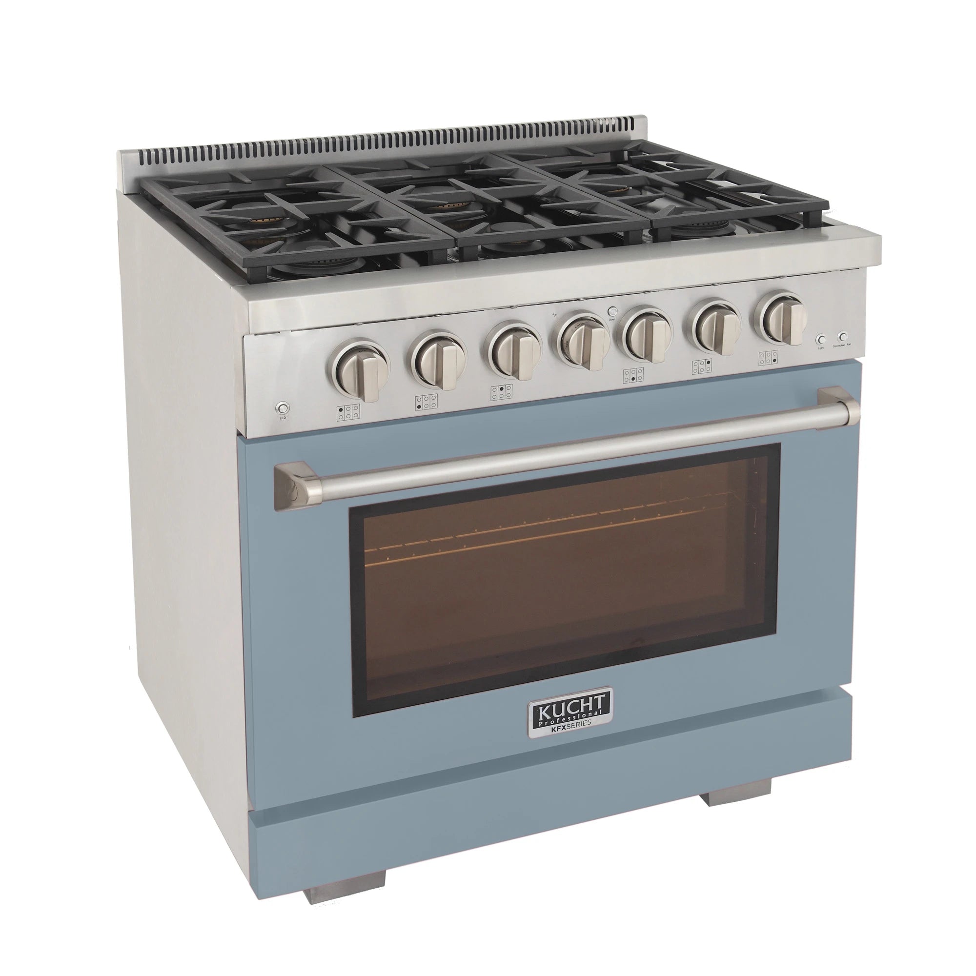 Light blue gas range with stainless cooktop, burner grates, and oven door window