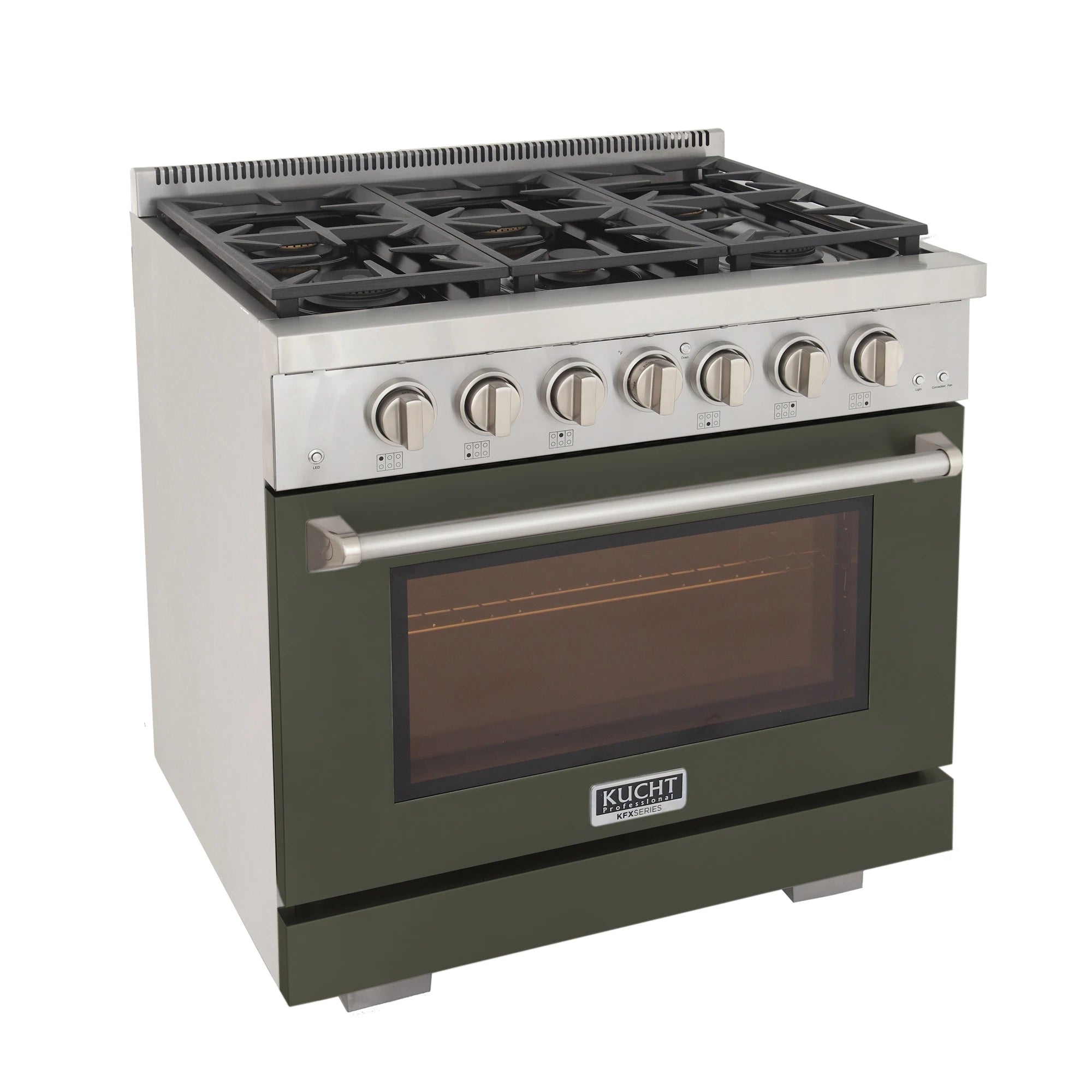 Olive green gas range with black grates, stainless control panel, and oven door window