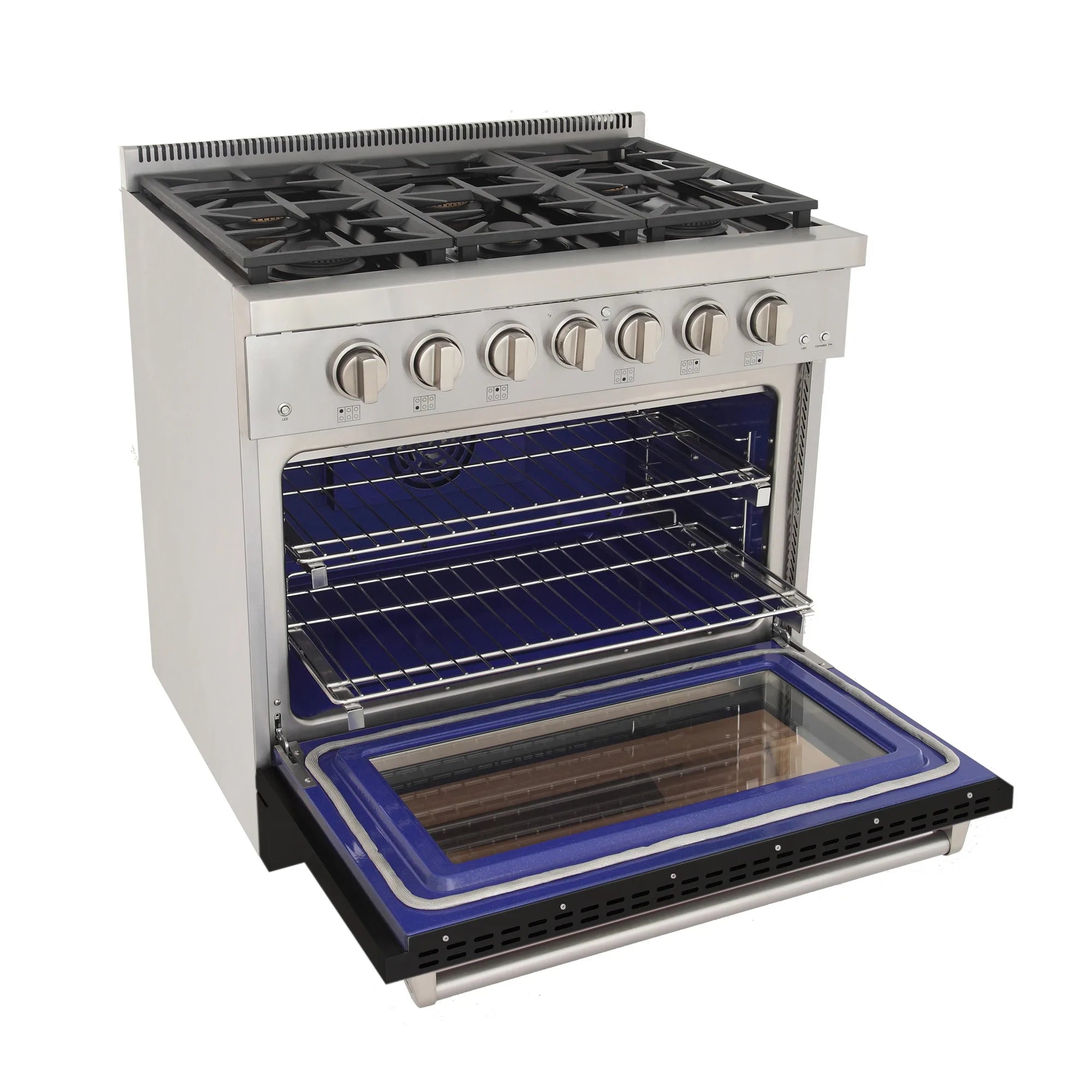 Stainless gas range with oven door open and blue interior racks