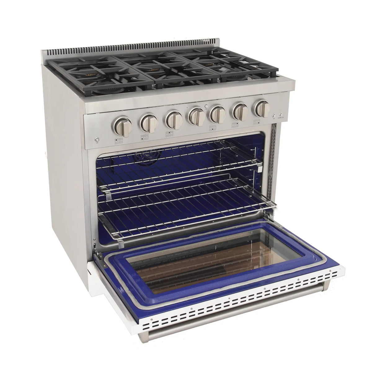 White professional propane gas range with open oven showing blue interior racks and tray