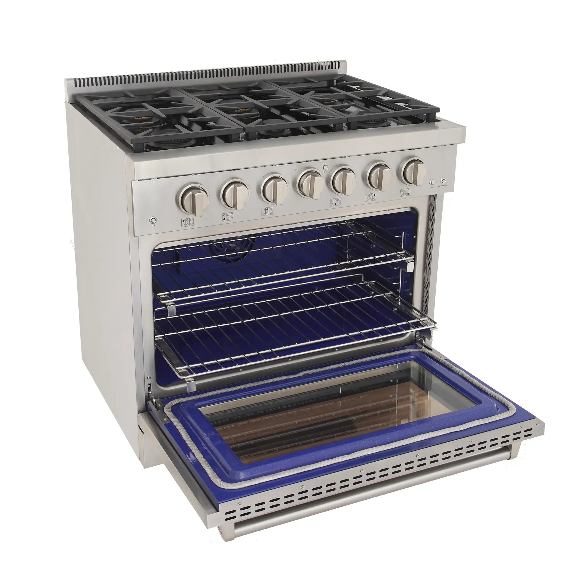 Stainless steel gas range with open oven door showing blue interior