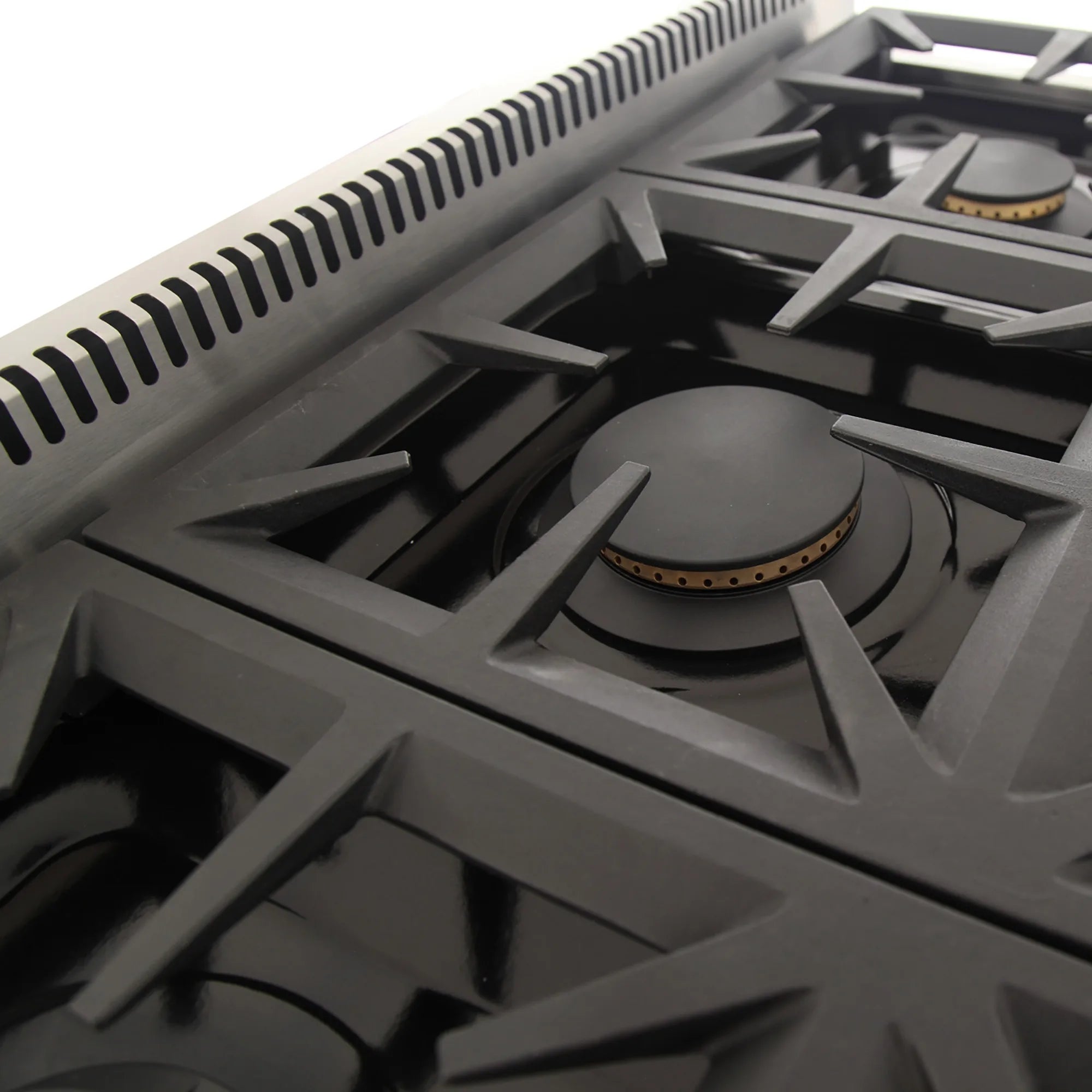 Gas range burner with black grates and round flame cap