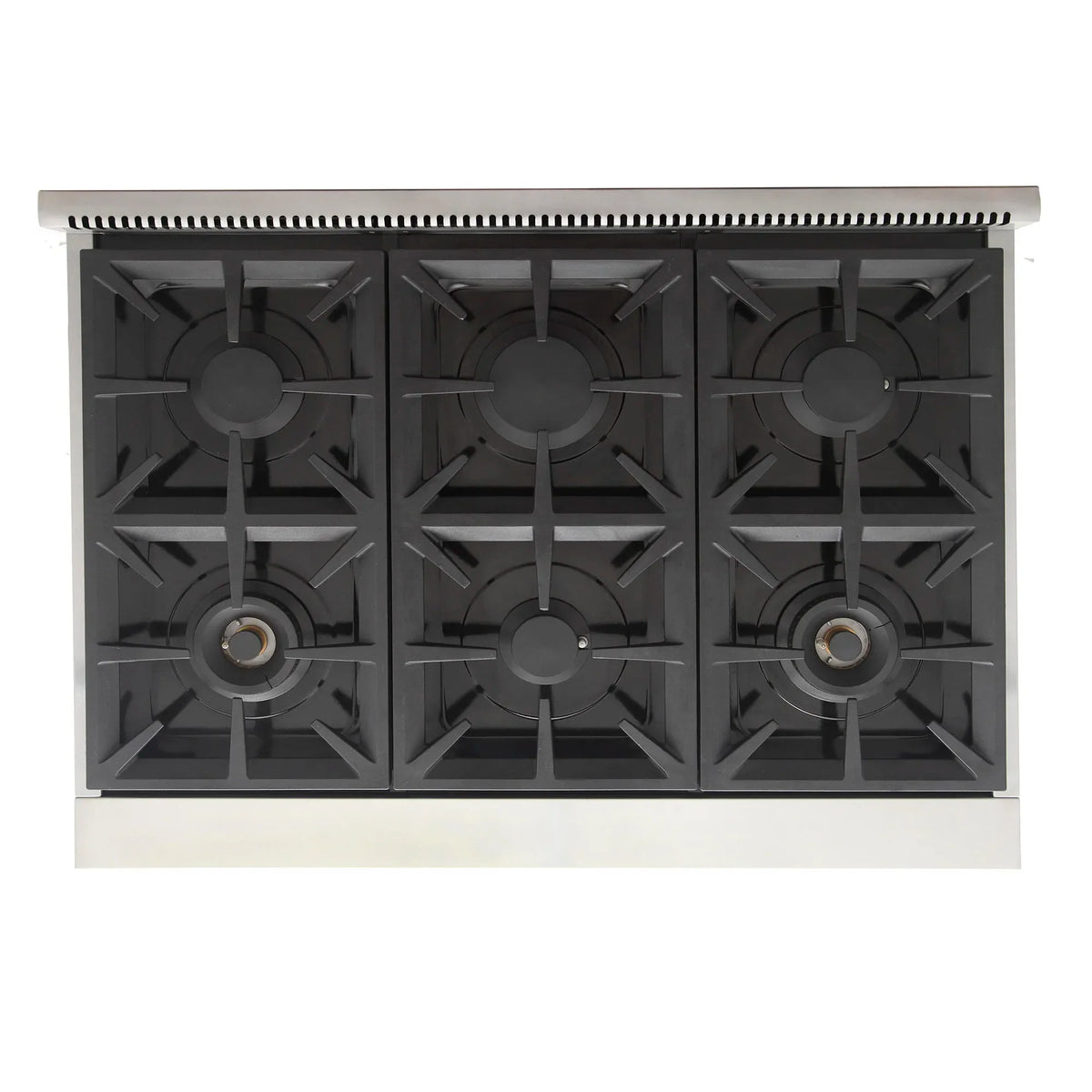 Black grate top view of a propane gas range with six burners and cast burner caps