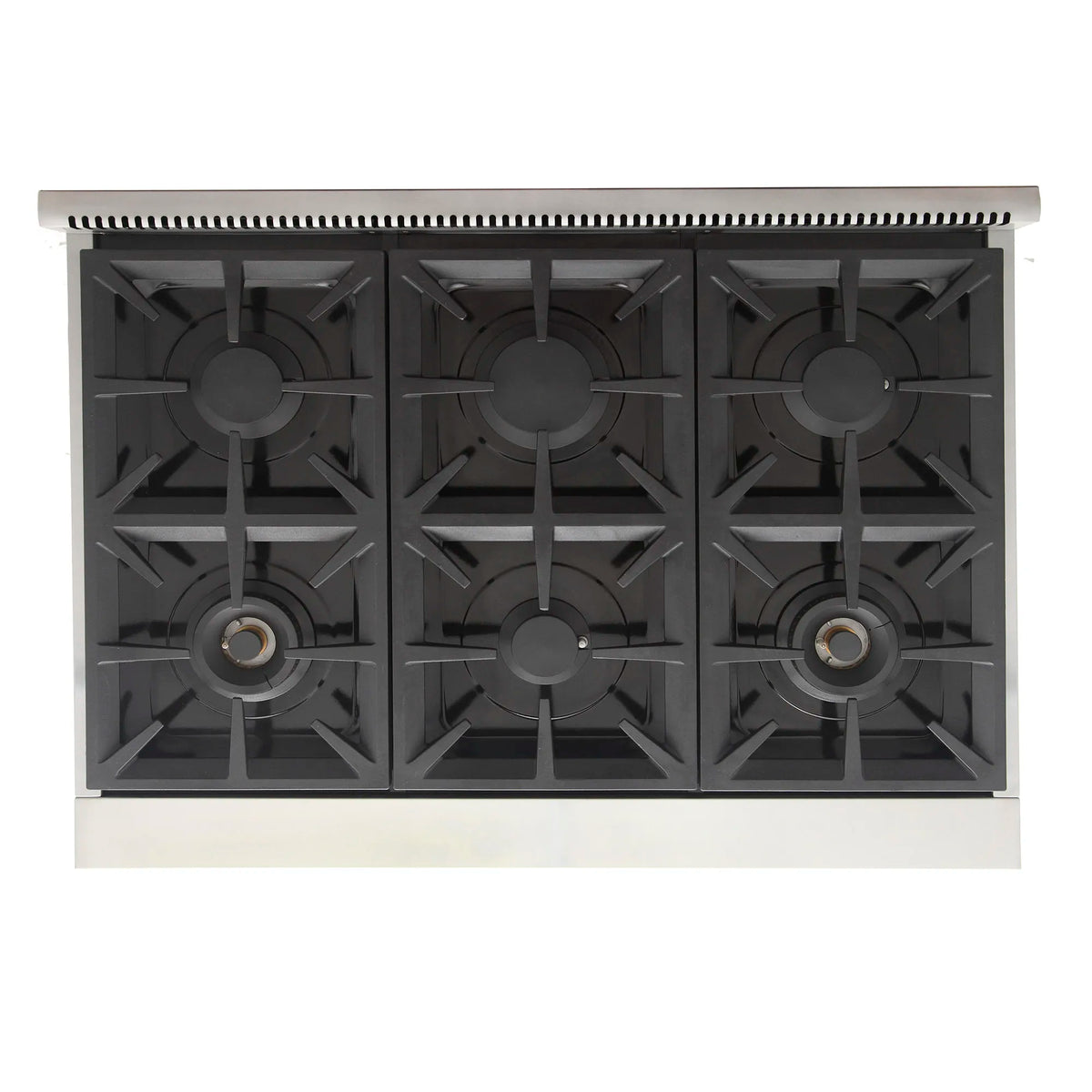 White gas range cooktop with five cast-iron burner grates and vent strip