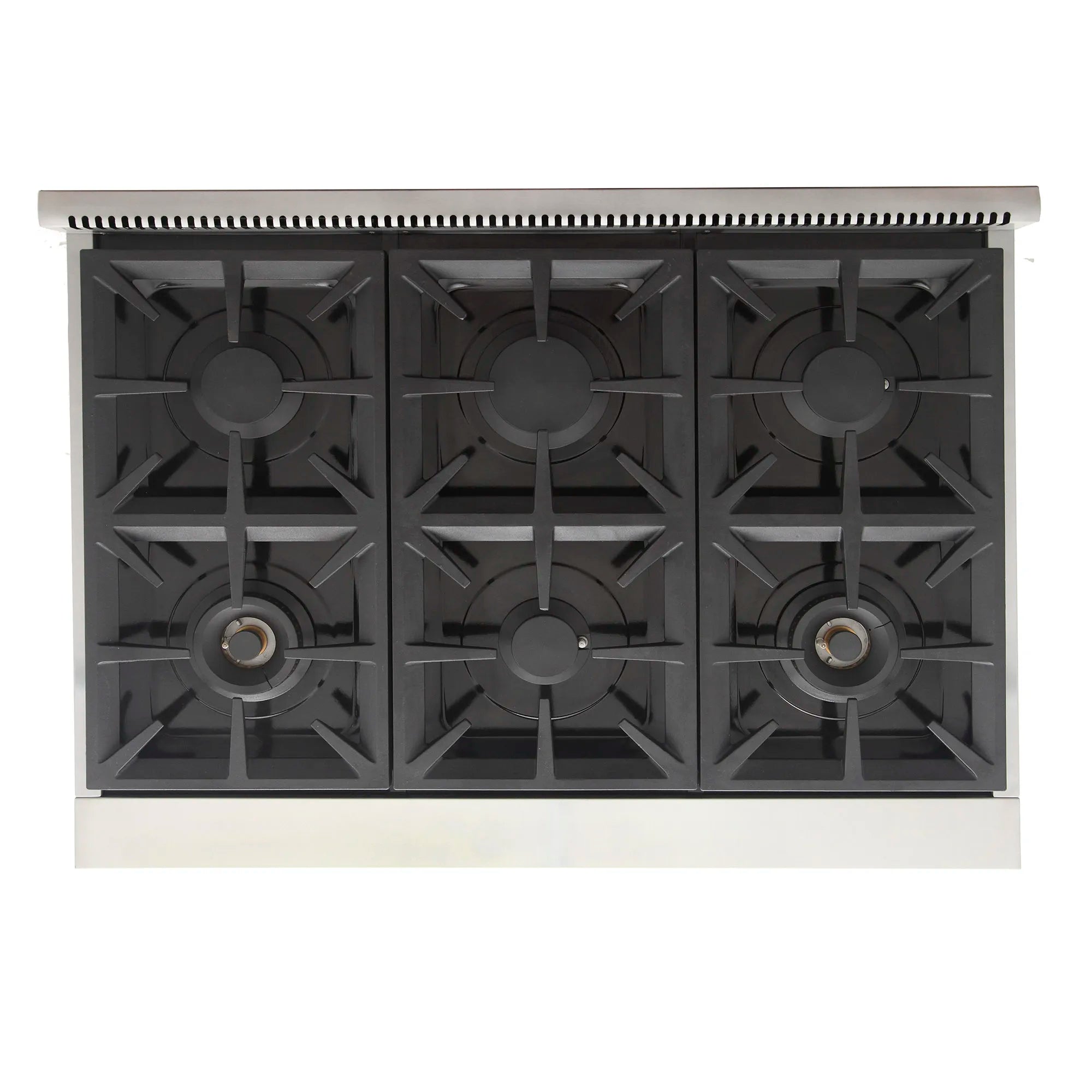 Six-burner gas cooktop with black burner grates