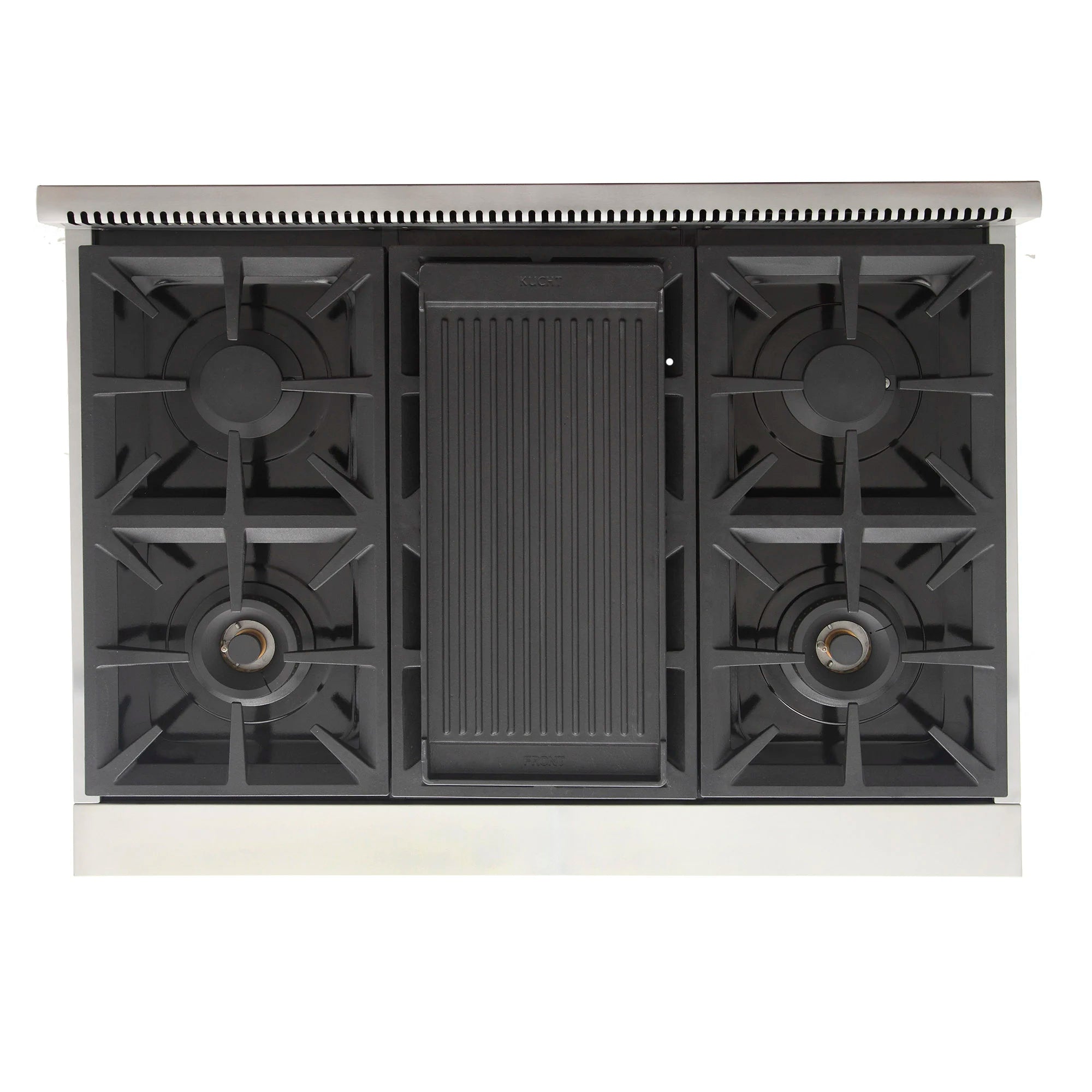 Top view of gas range burners with grates and central grill-style panel