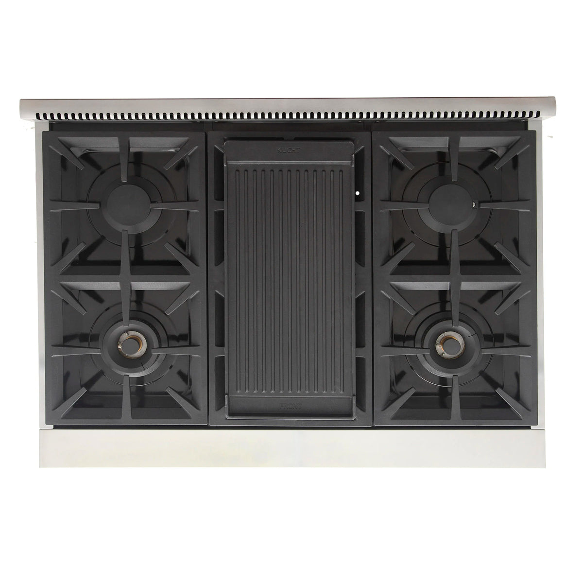Stove cooktop with four black burners and centered ridged griddle plate
