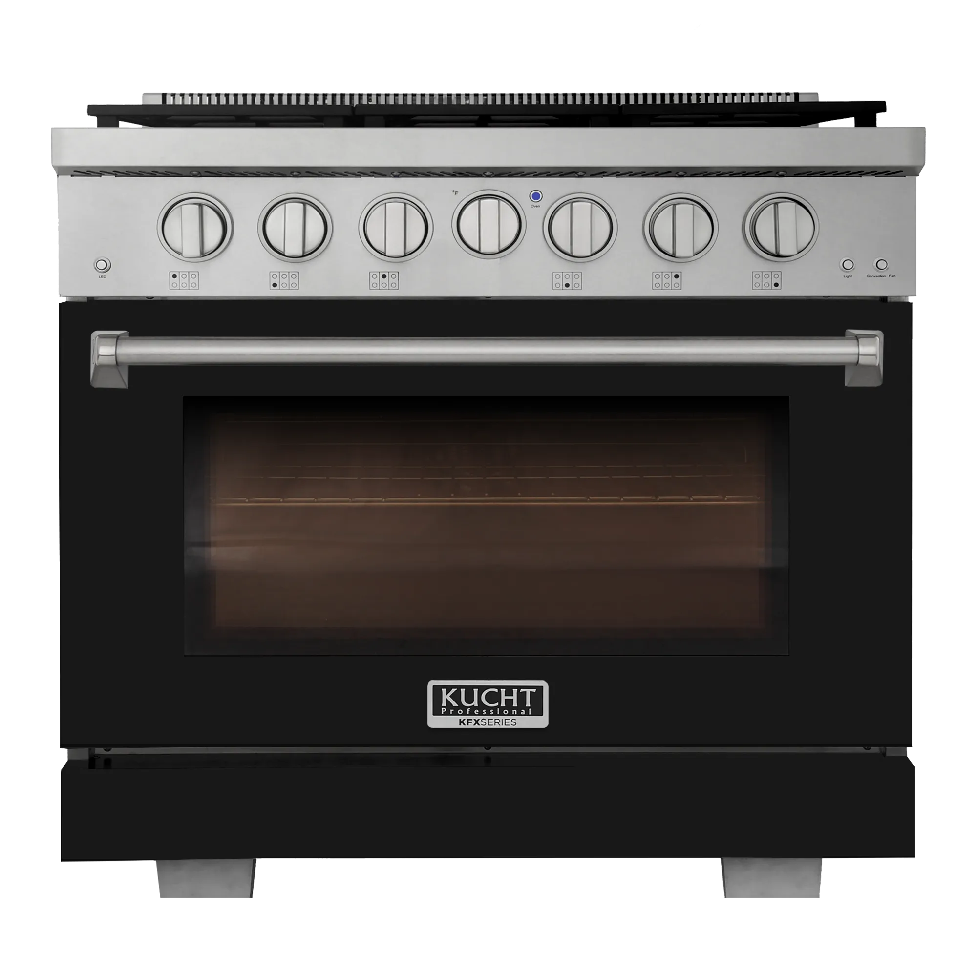 Black gas range with silver control panel, oven door window, and side handle