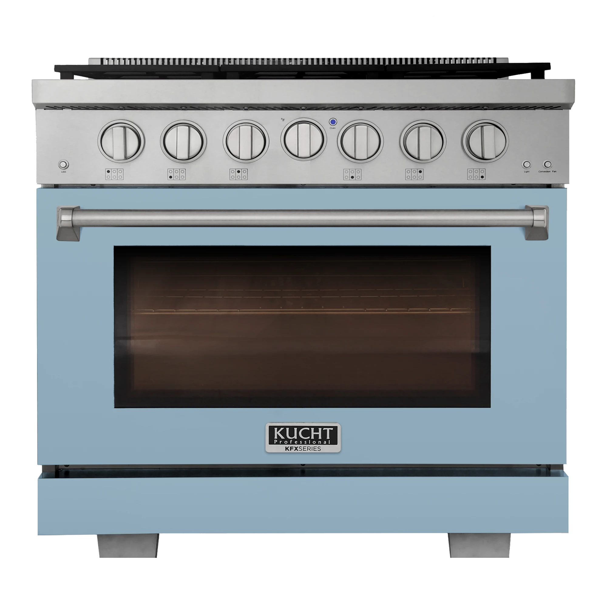 Light blue gas range front panel with control knobs and oven door window