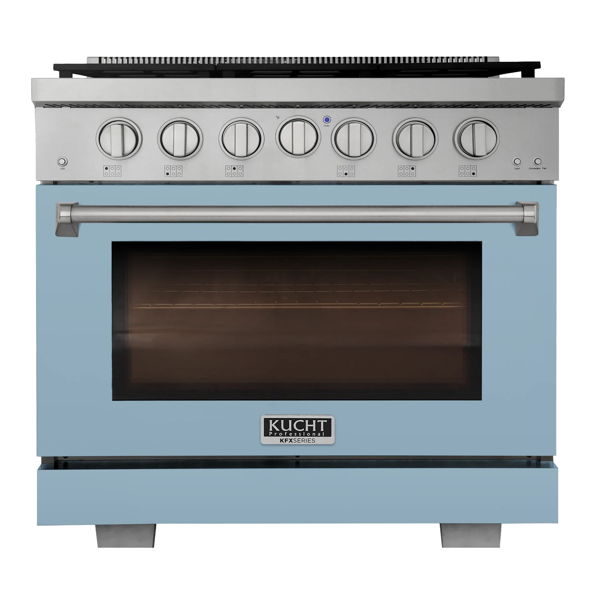 Light blue Kucht propane gas range with oven window and control knobs, front view