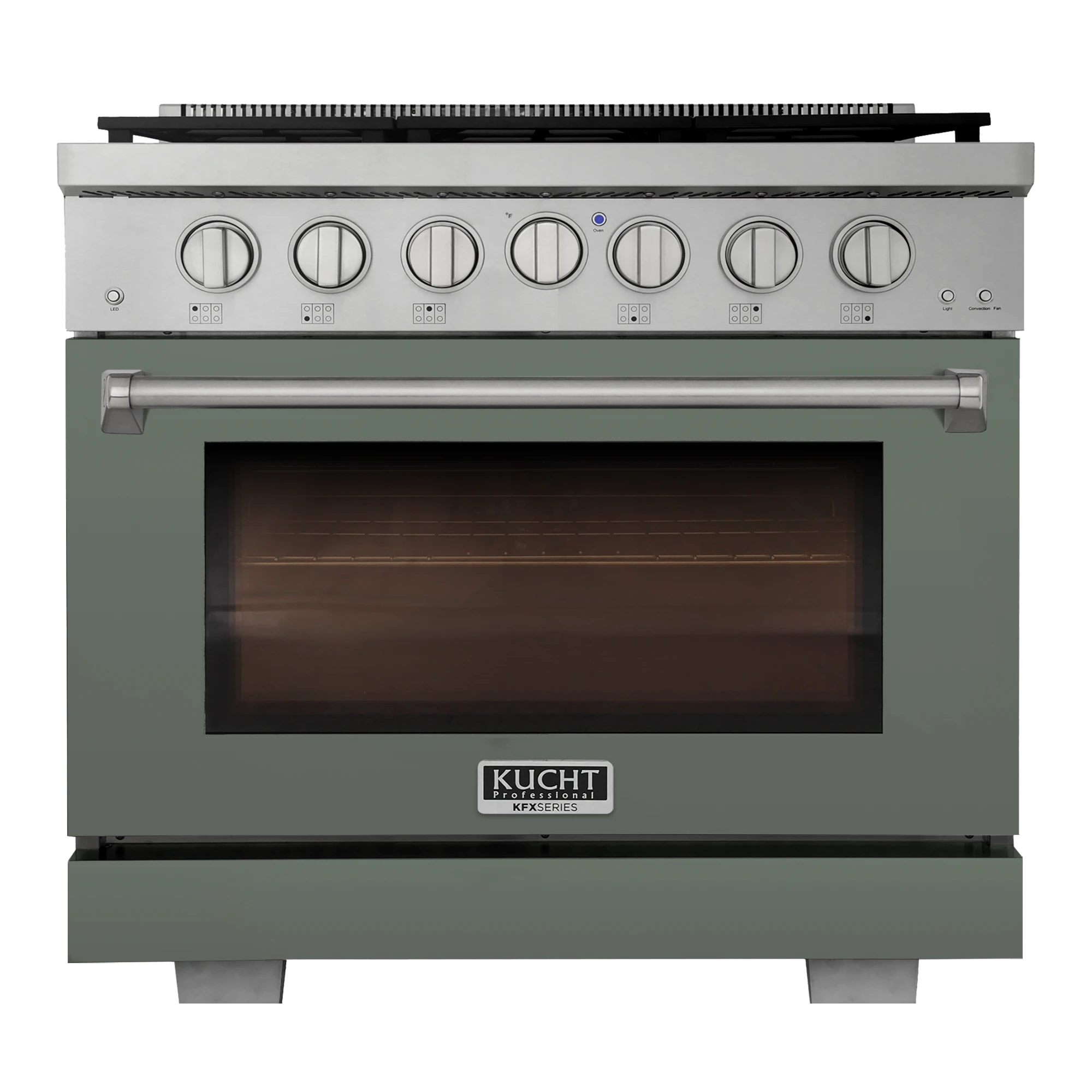 Olive green gas range front with stainless knobs, oven handle, and windowed oven door