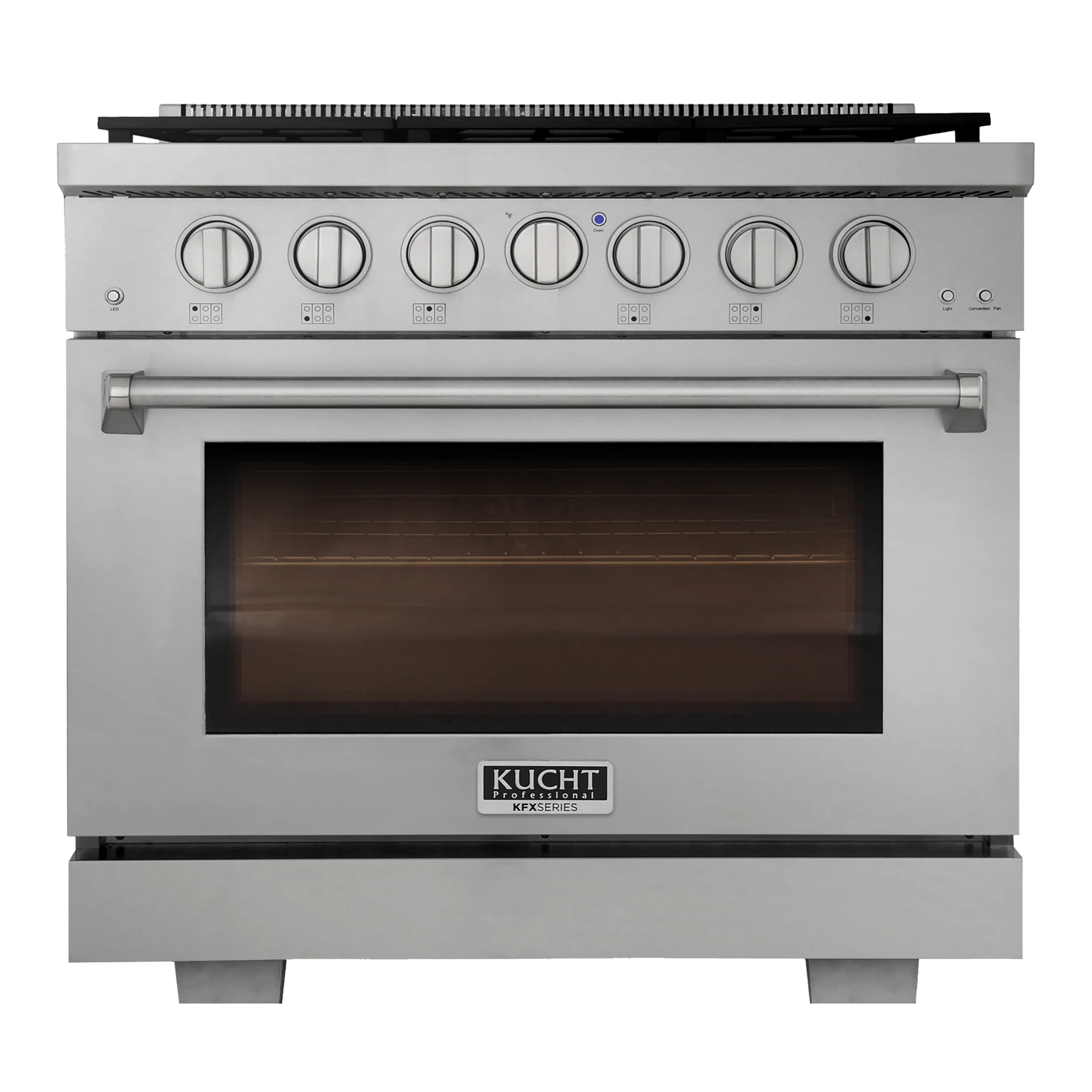 Stainless steel gas range front with row of knobs and oven window