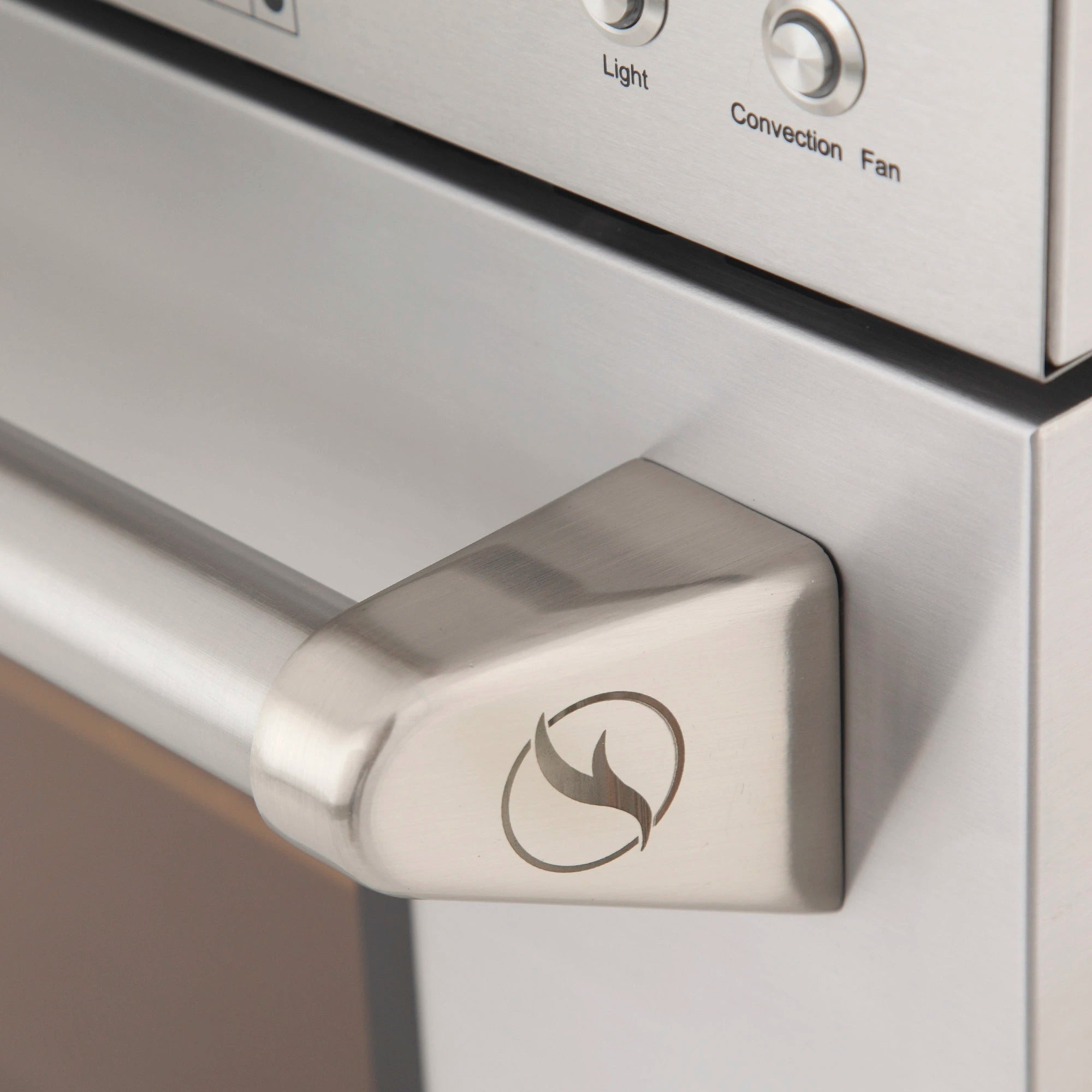 Stainless steel gas range oven handle with flame icon and brushed metal finish