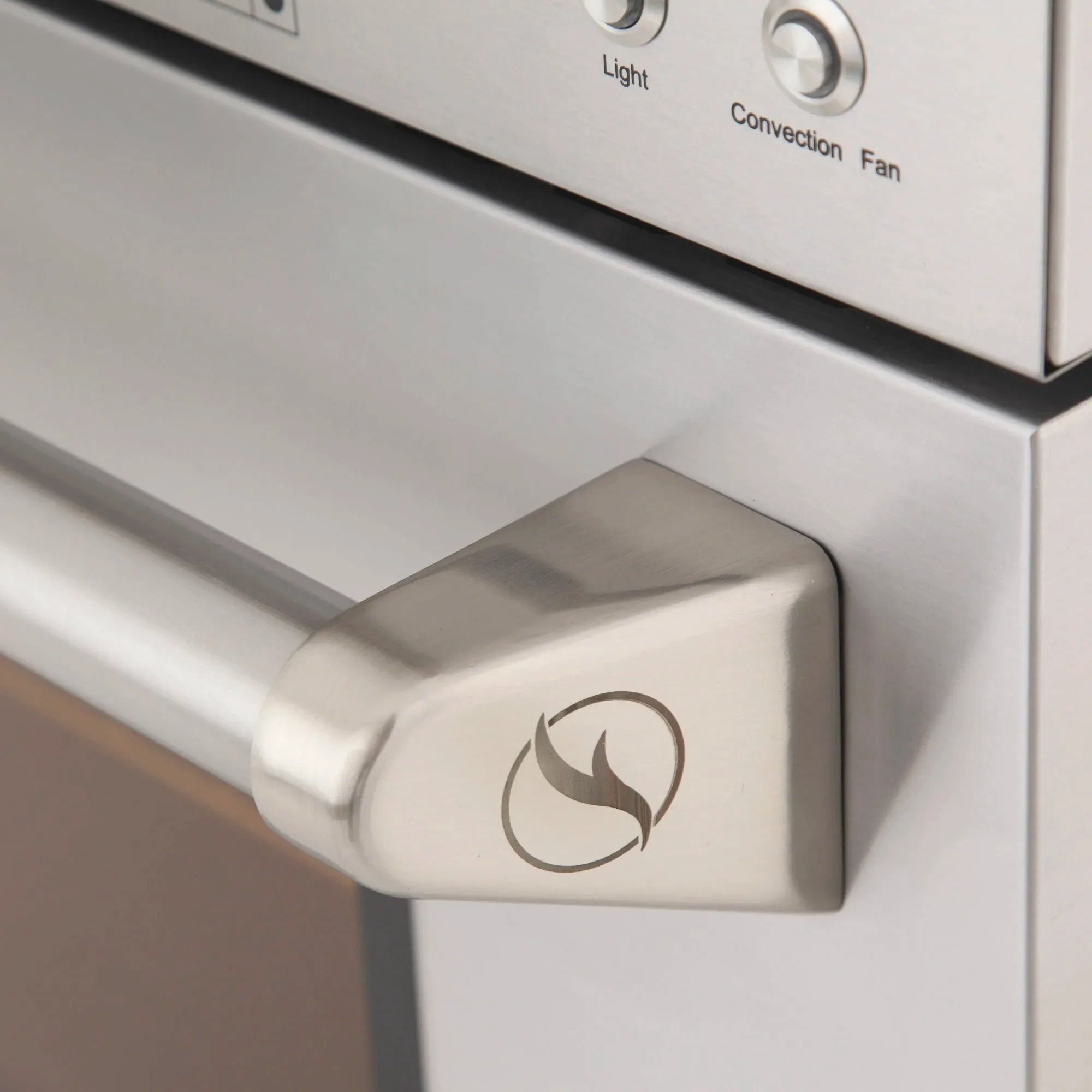 Stainless steel gas range control knob with flame, Light, and Convection Fan labels