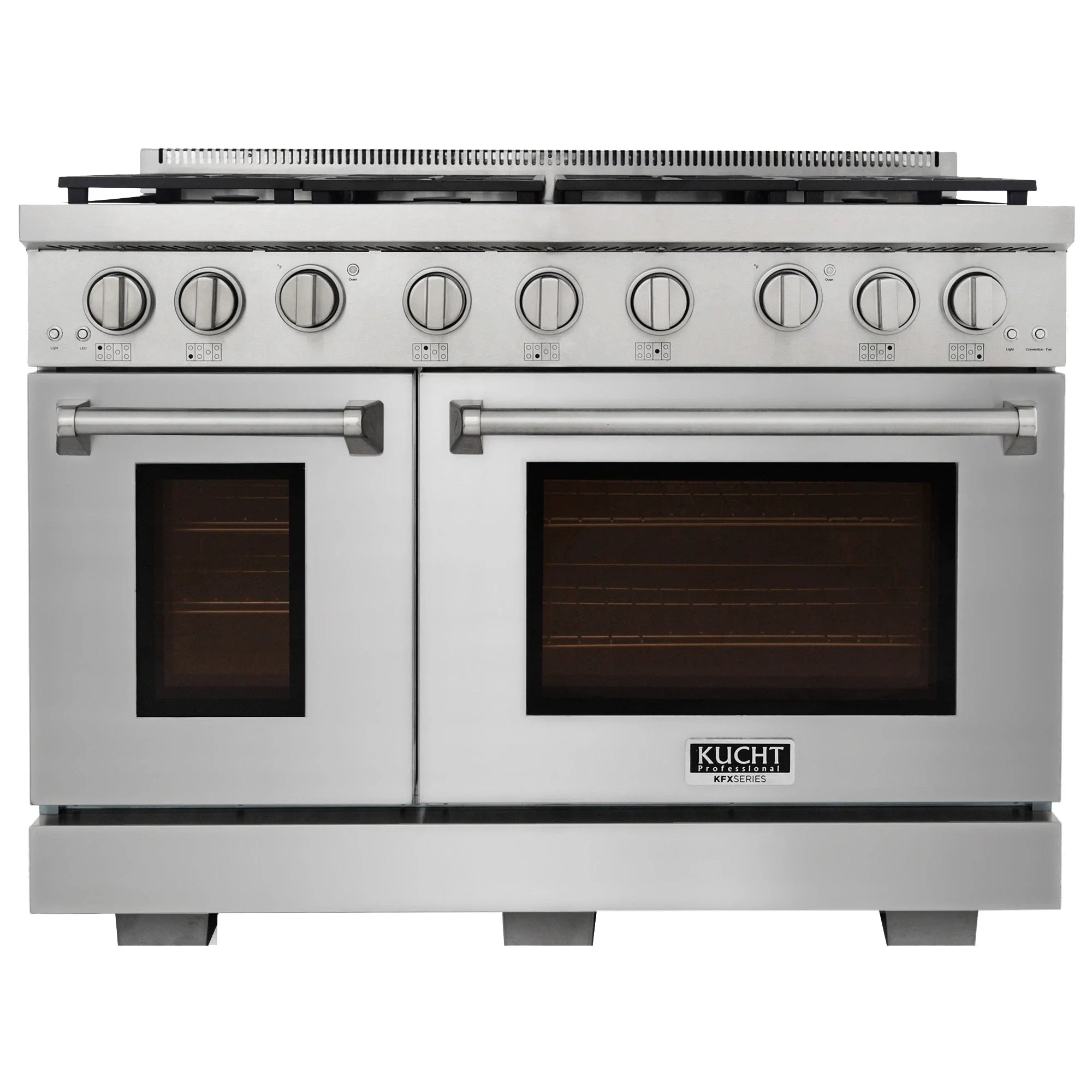 Stainless steel 48-inch propane gas range with two ovens, control knobs, and oven windows